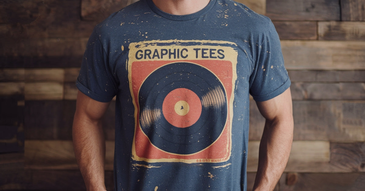 Man wearing a t-shirt with a retro design with a record on it and the text Graphic Tees.