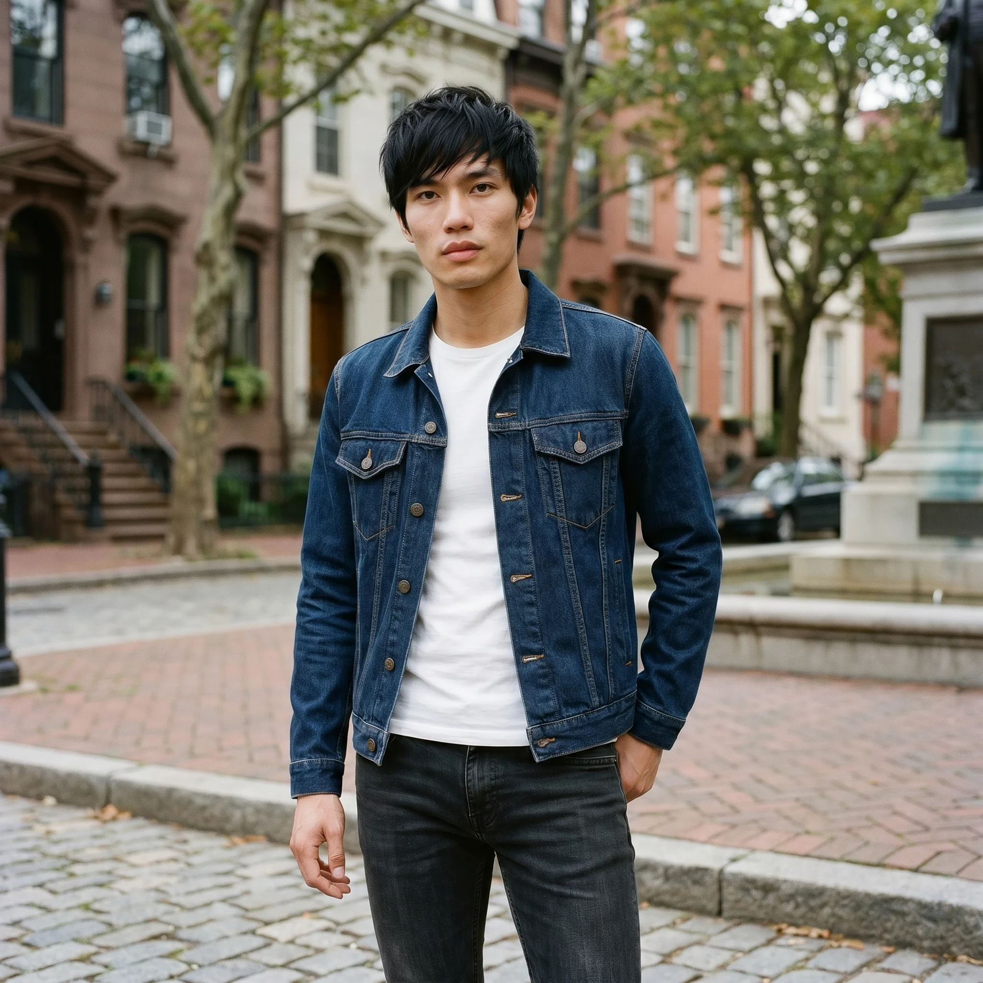 Man with dark hair wearing a Classic Indigo denim jacket over a white tee, front view, standing on a brick row-house street