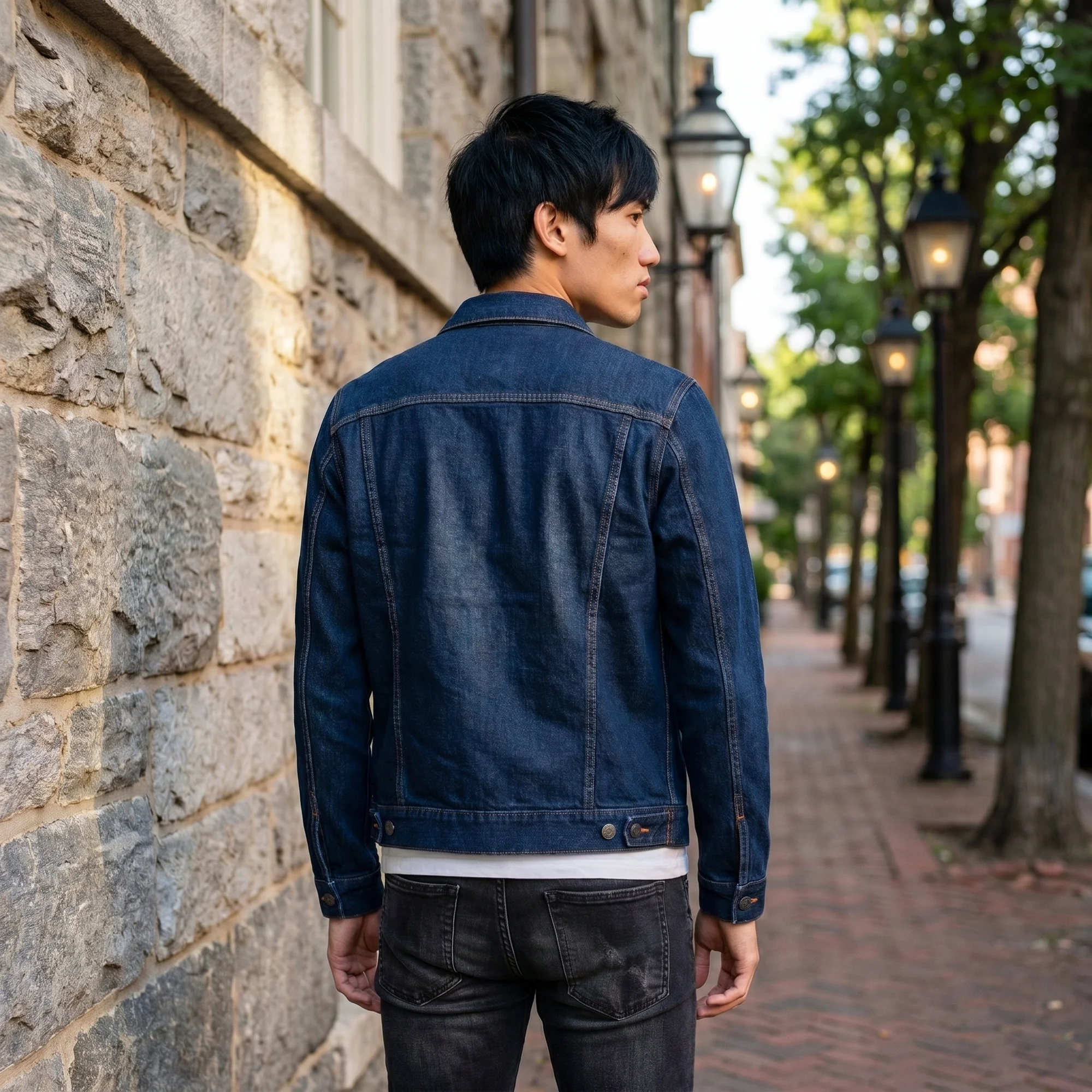 Man with dark hair wearing a Classic Indigo denim jacket, back view, showing the trucker seam detailing on a lamp-lit cobblestone street