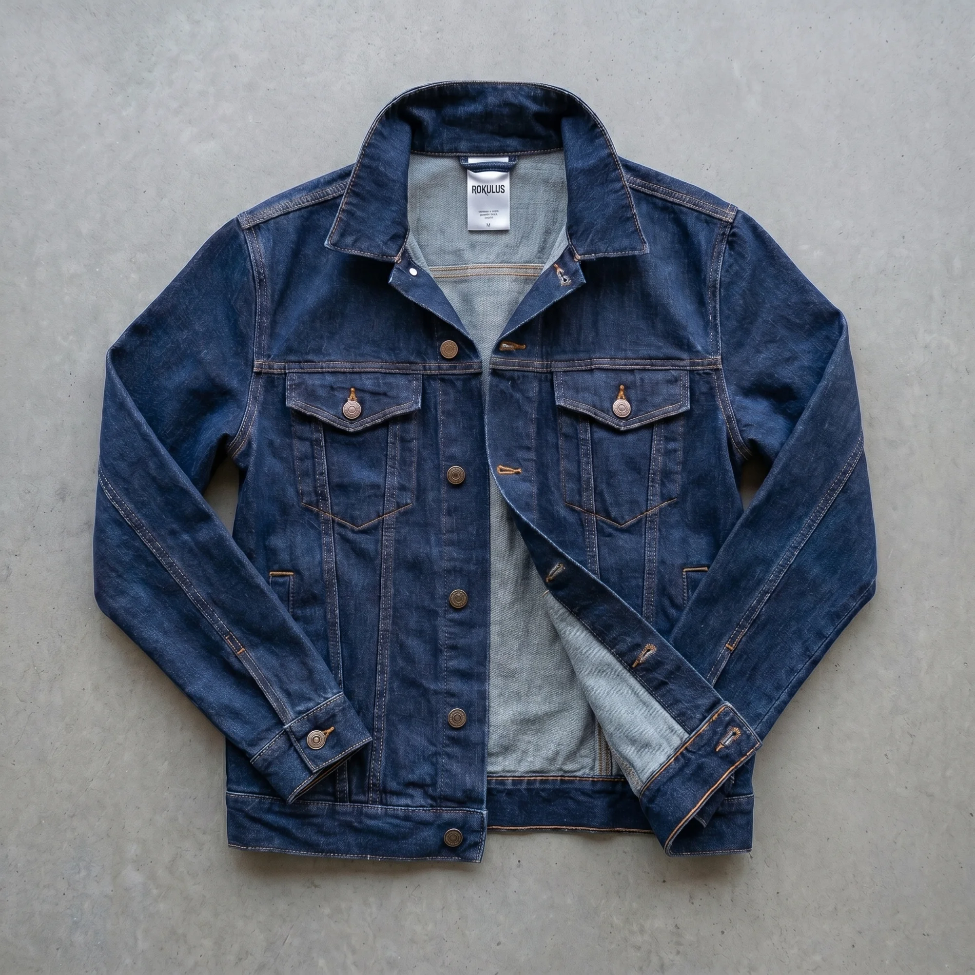 Classic Indigo denim jacket laid flat on concrete, open to show the contrast stitching, chest pockets, antique buttons, and Rokulus neck label