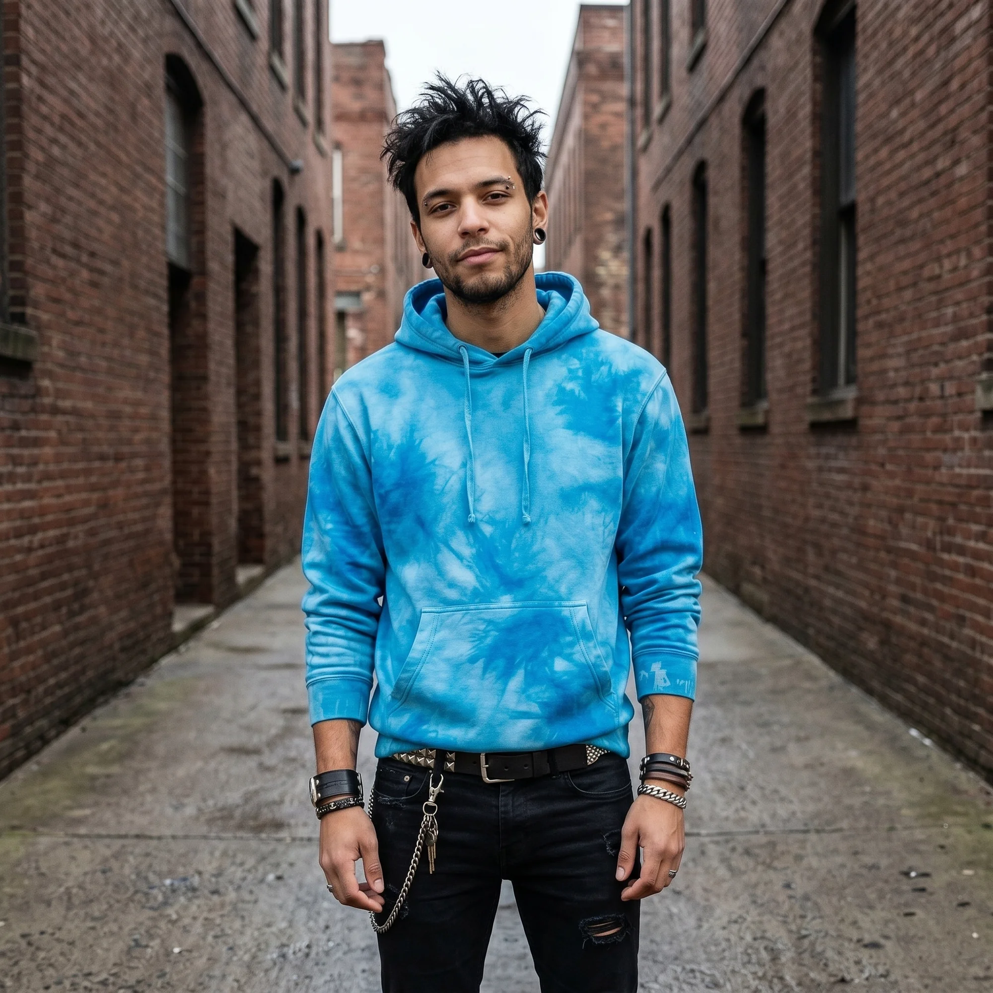Man wearing an aqua tie-dye hoodie, front view, hood down, in a brick alley