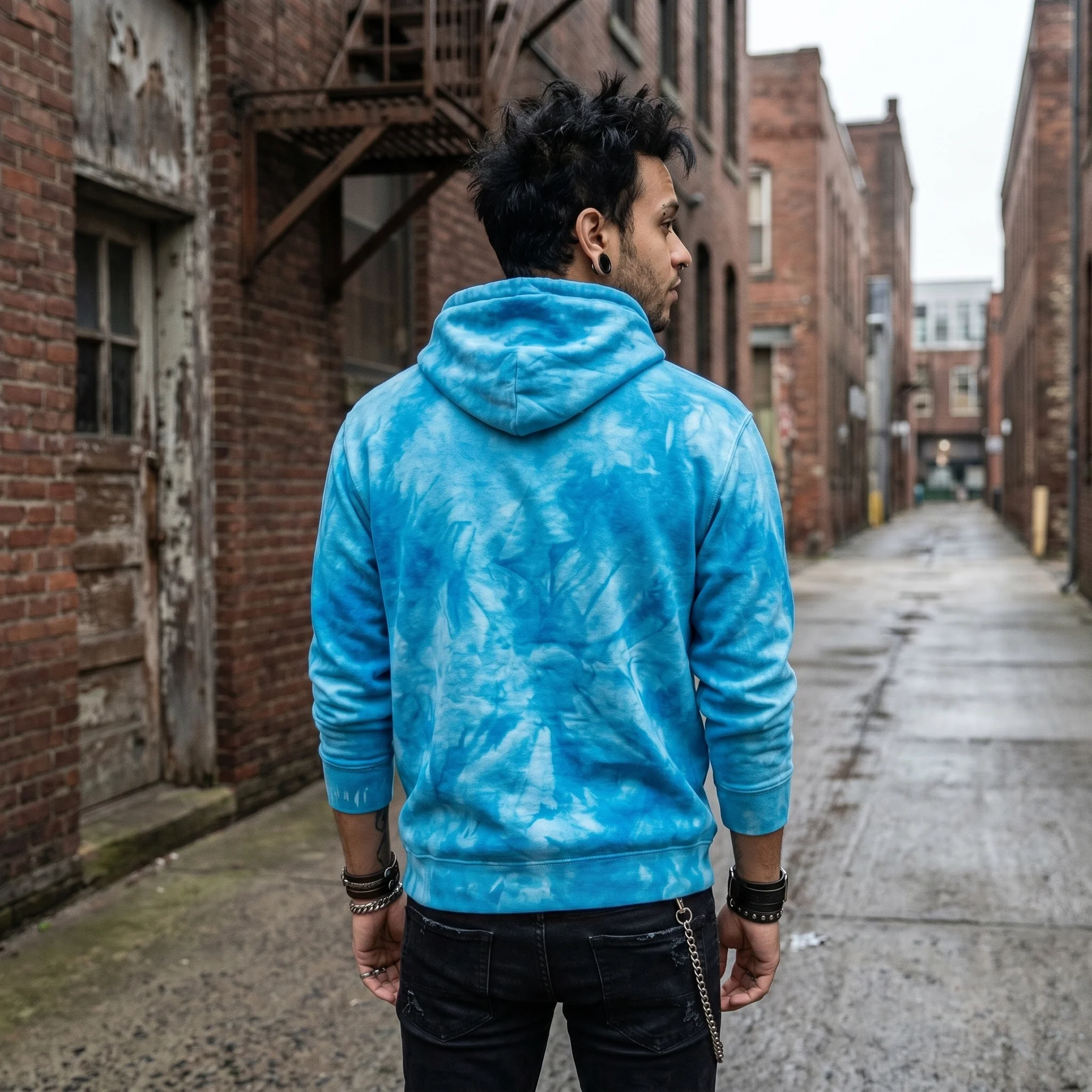 Back view of a man wearing an aqua tie-dye hoodie, showing the fit and hood