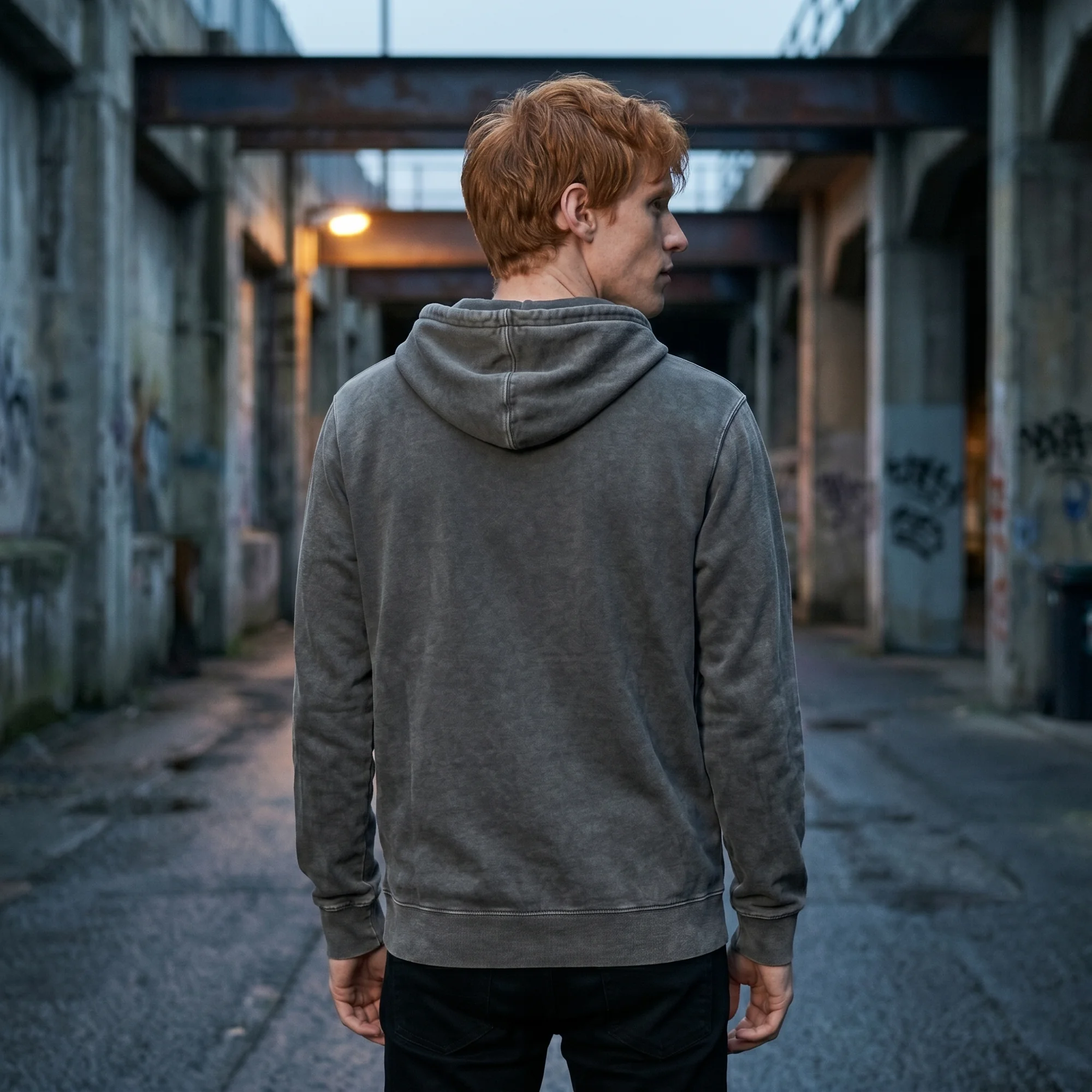 Back view of a man wearing a black pigment dye hoodie, showing the fit and hood