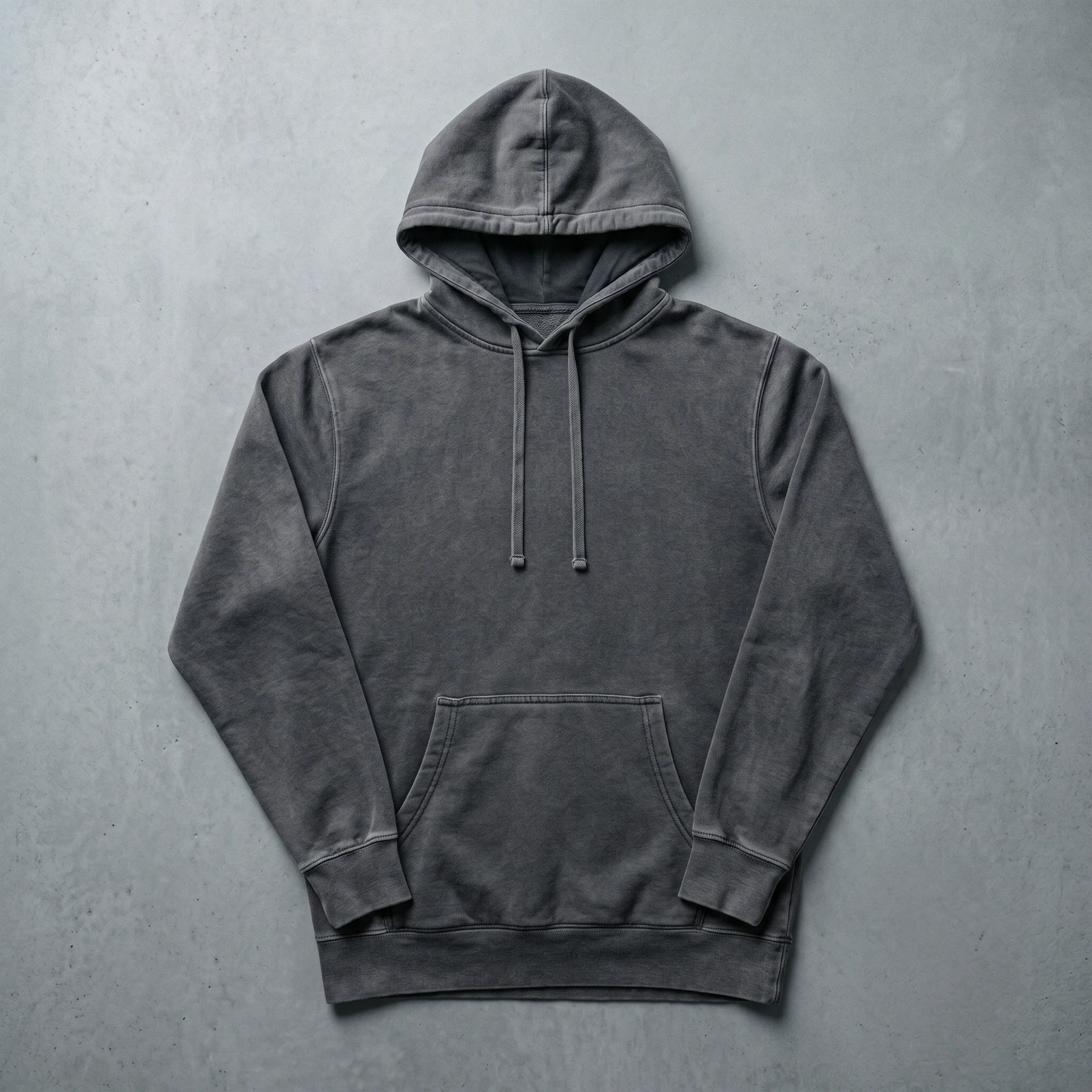 Black pigment dye hoodie laid flat, showing the front, hood, and kangaroo pocket
