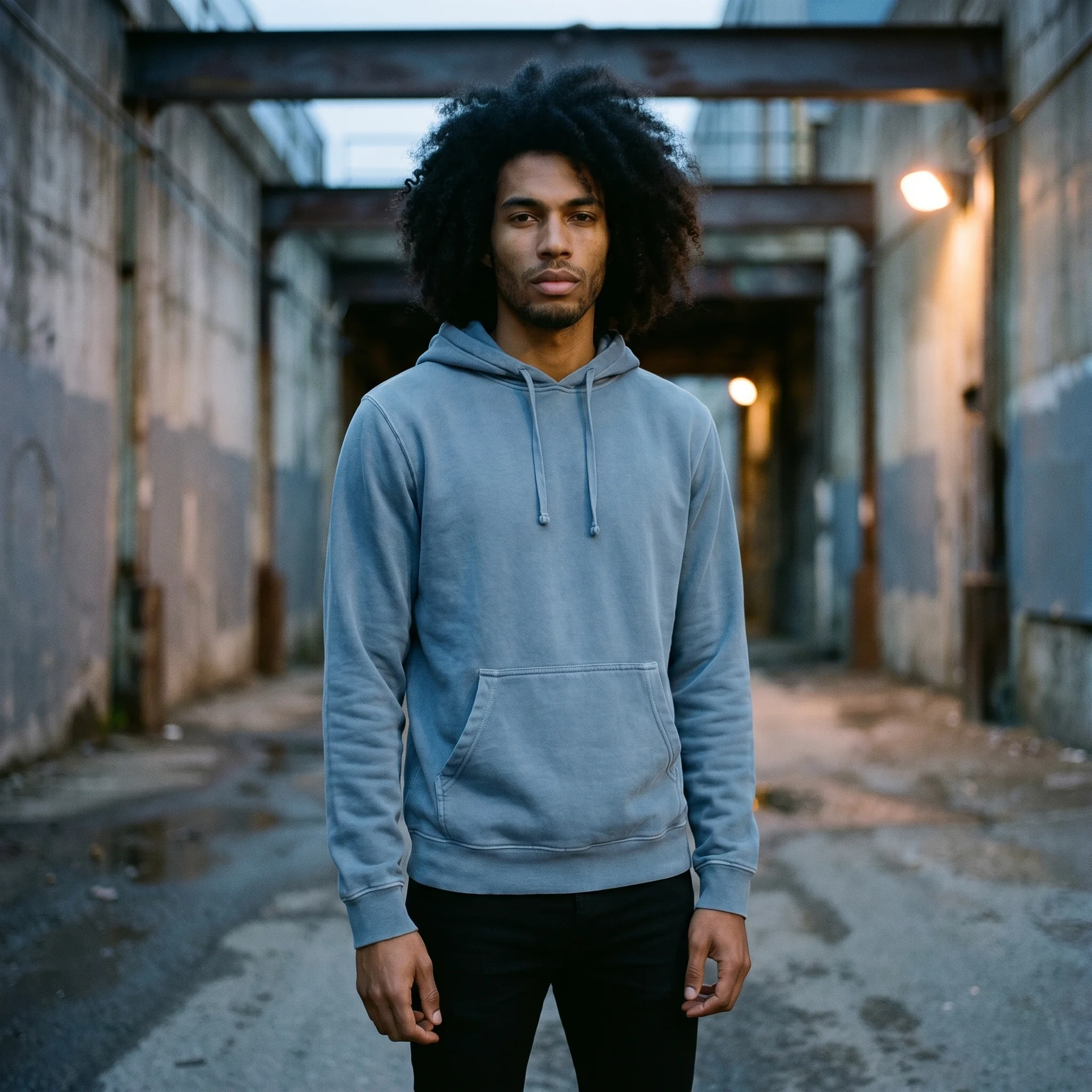 Man wearing a slate blue pigment dye hoodie, front view, hood down, in a moody industrial setting