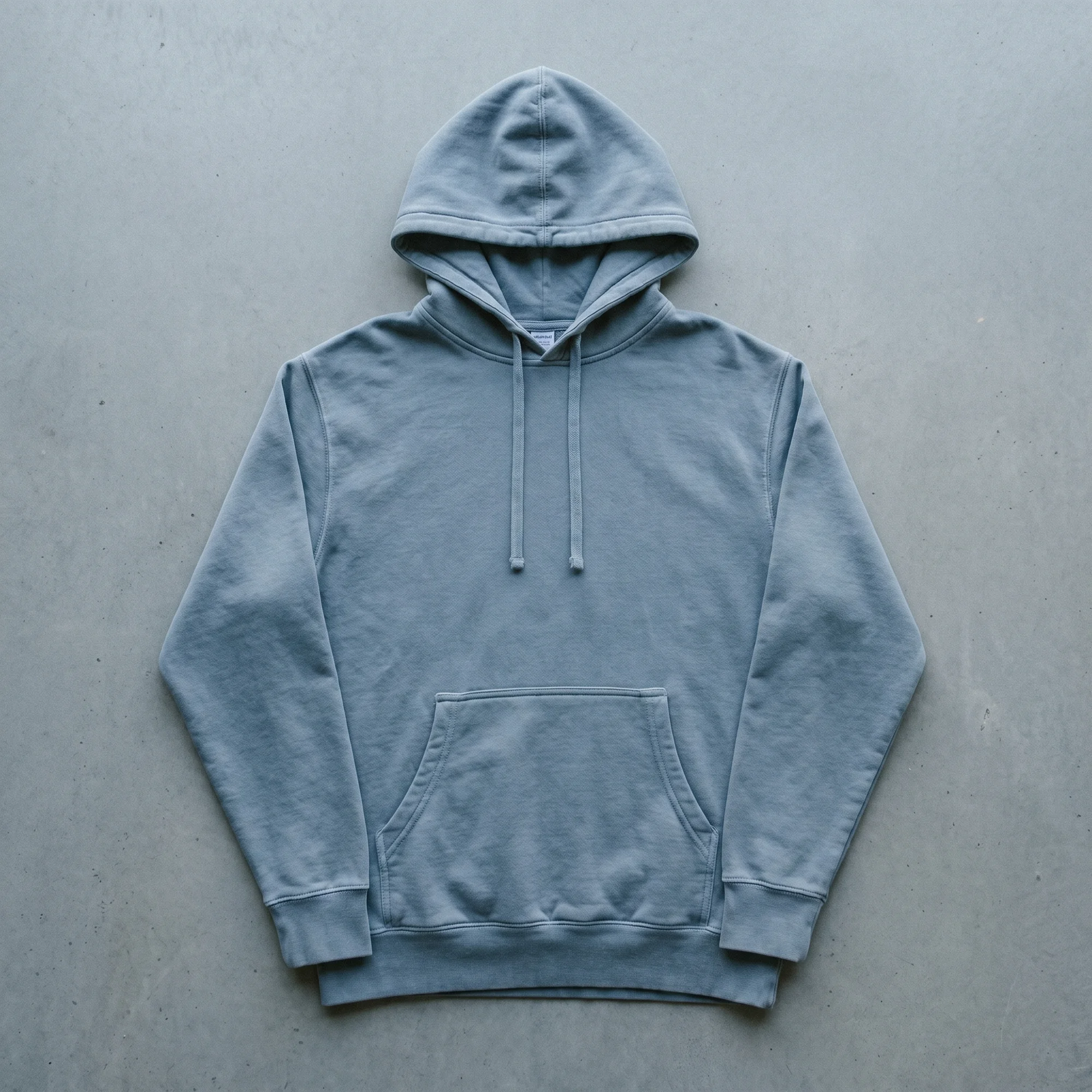 Slate blue pigment dye hoodie laid flat, showing the front, hood, and kangaroo pocket