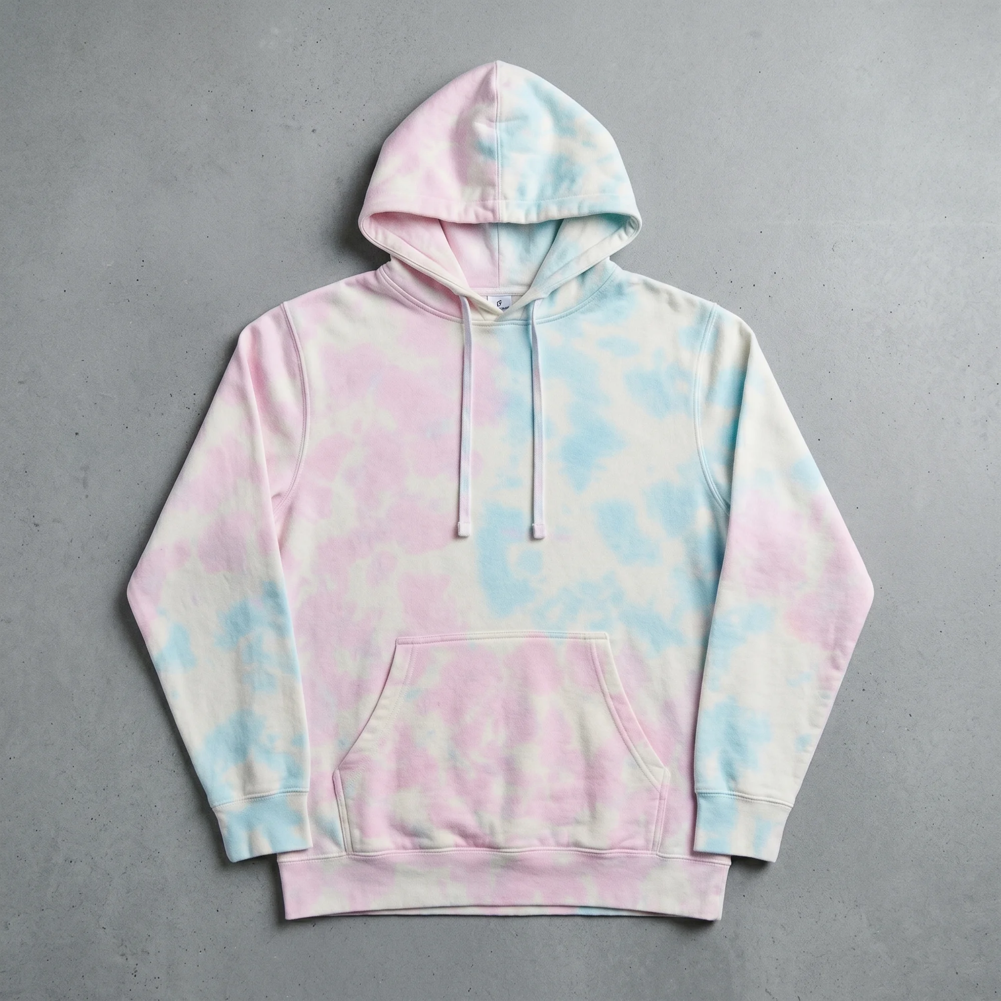 Cotton candy tie-dye hoodie laid flat, showing the front, hood, and kangaroo pocket