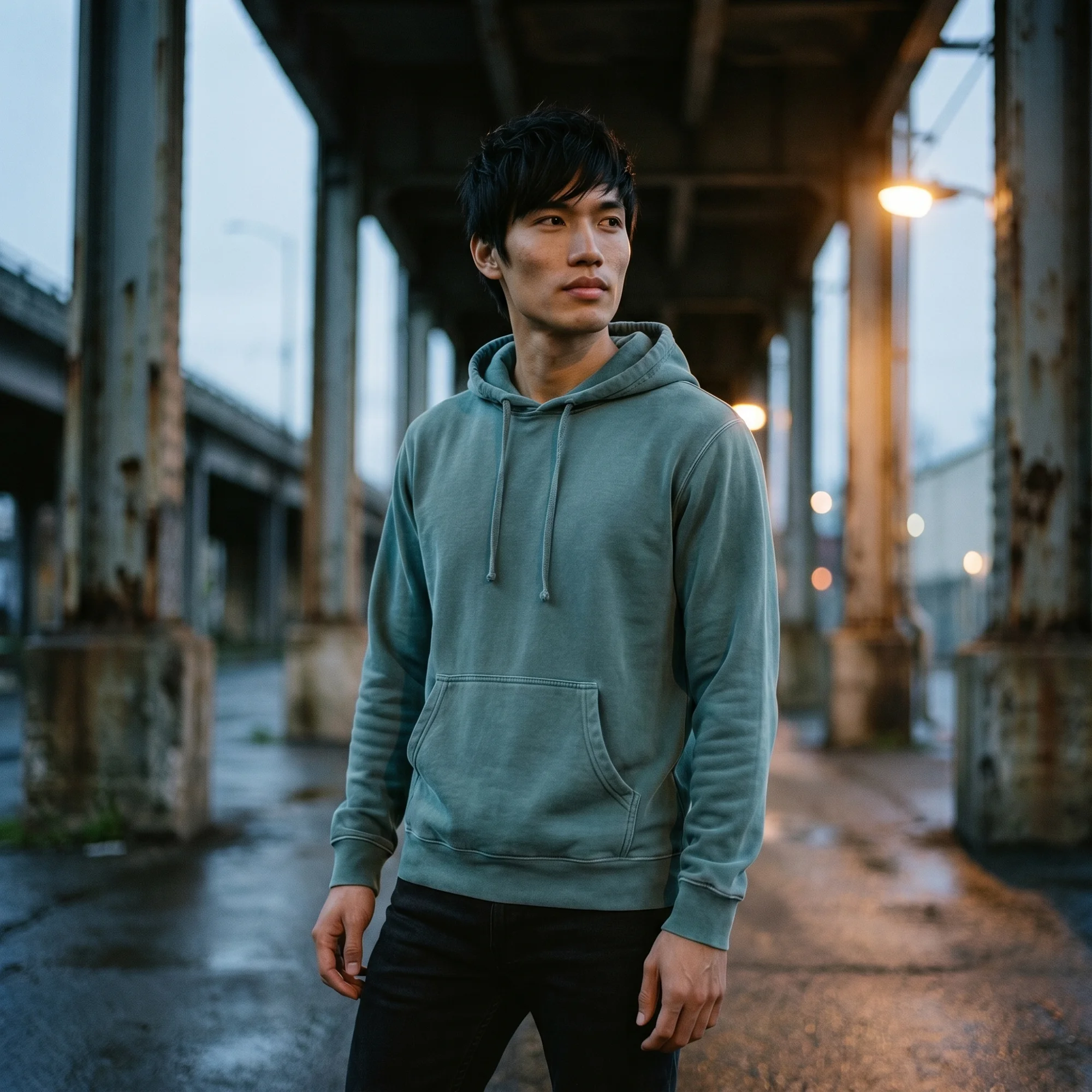 Man wearing a alpine green pigment dye hoodie, front view, hood down, in a moody industrial setting