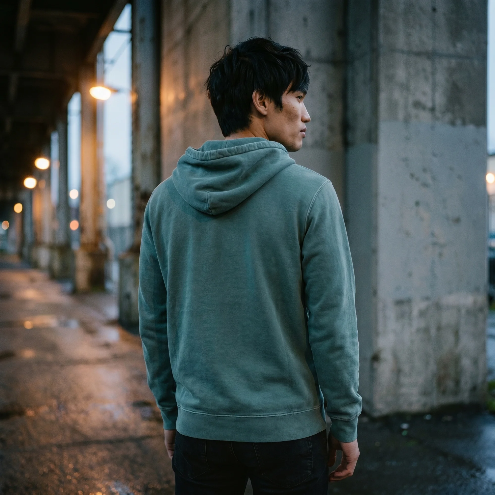 Back view of a man wearing a alpine green pigment dye hoodie, showing the fit and hood