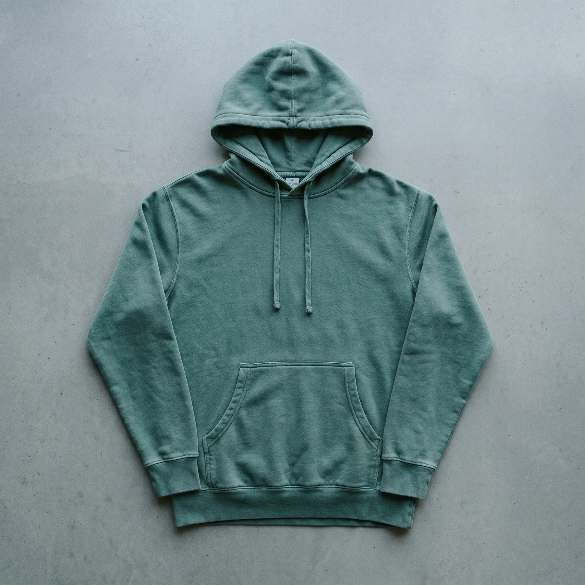 Alpine green pigment dye hoodie laid flat, showing the front, hood, and kangaroo pocket