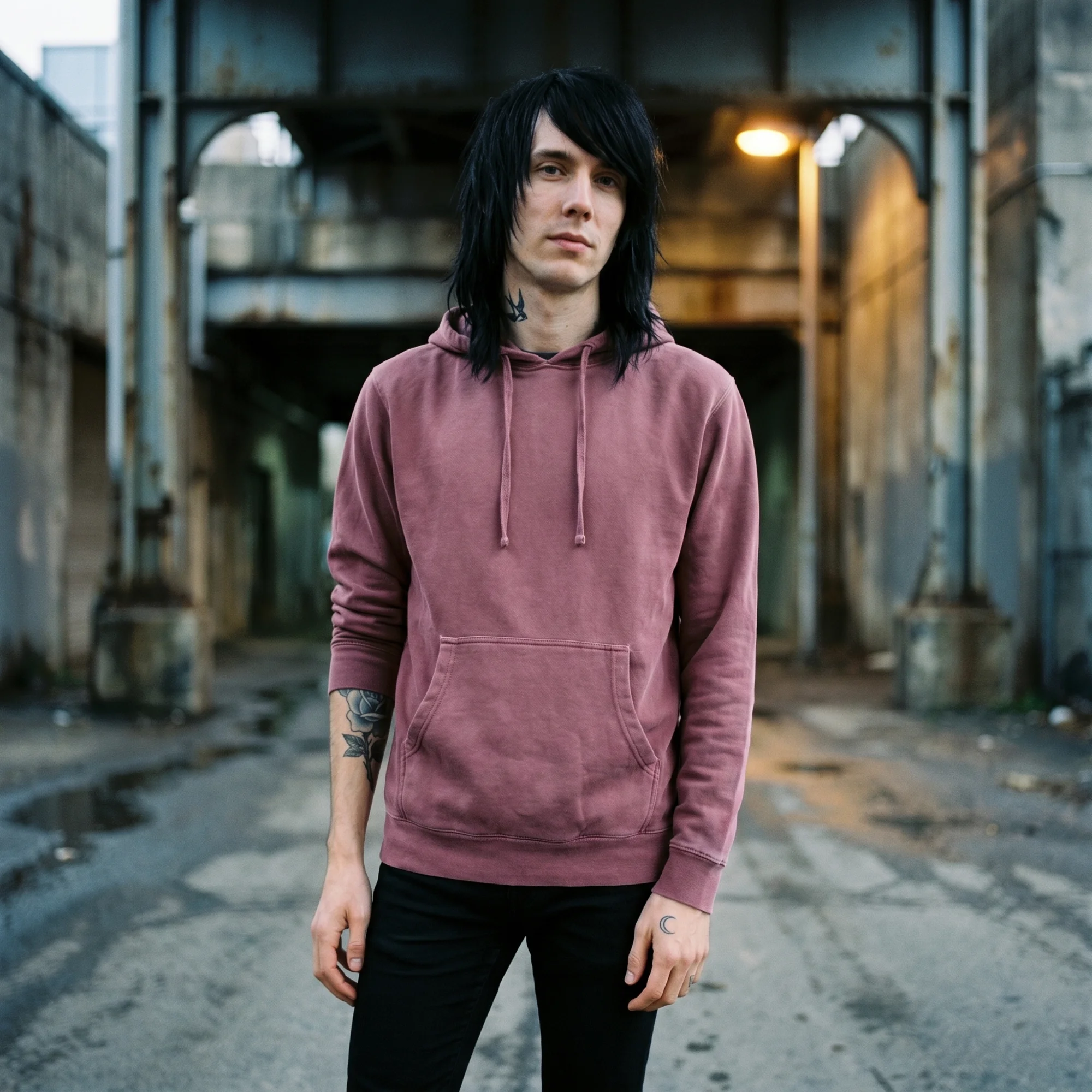 Man wearing a maroon pigment dye hoodie, front view, hood down, in a moody industrial setting