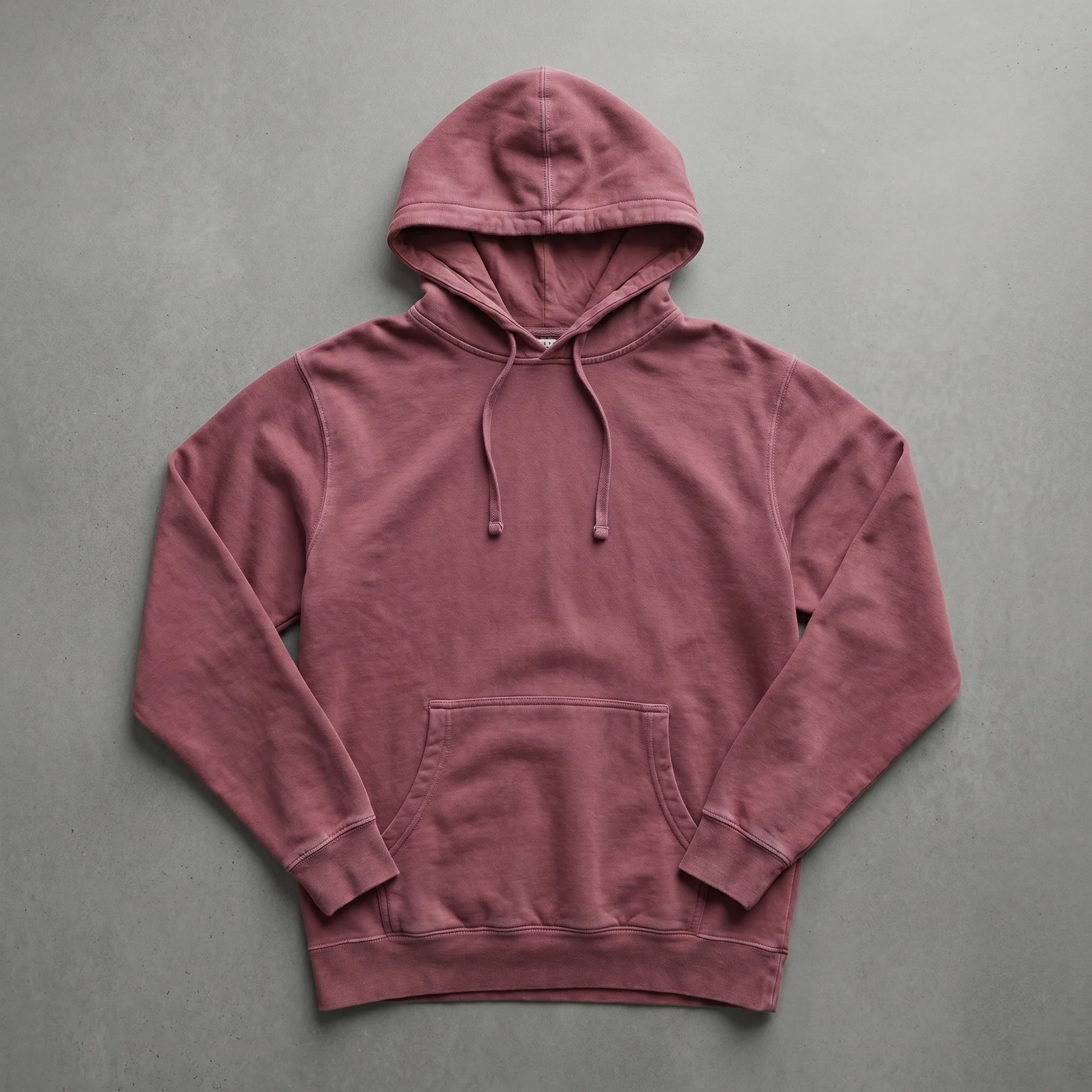 Maroon pigment dye hoodie laid flat, showing the front, hood, and kangaroo pocket