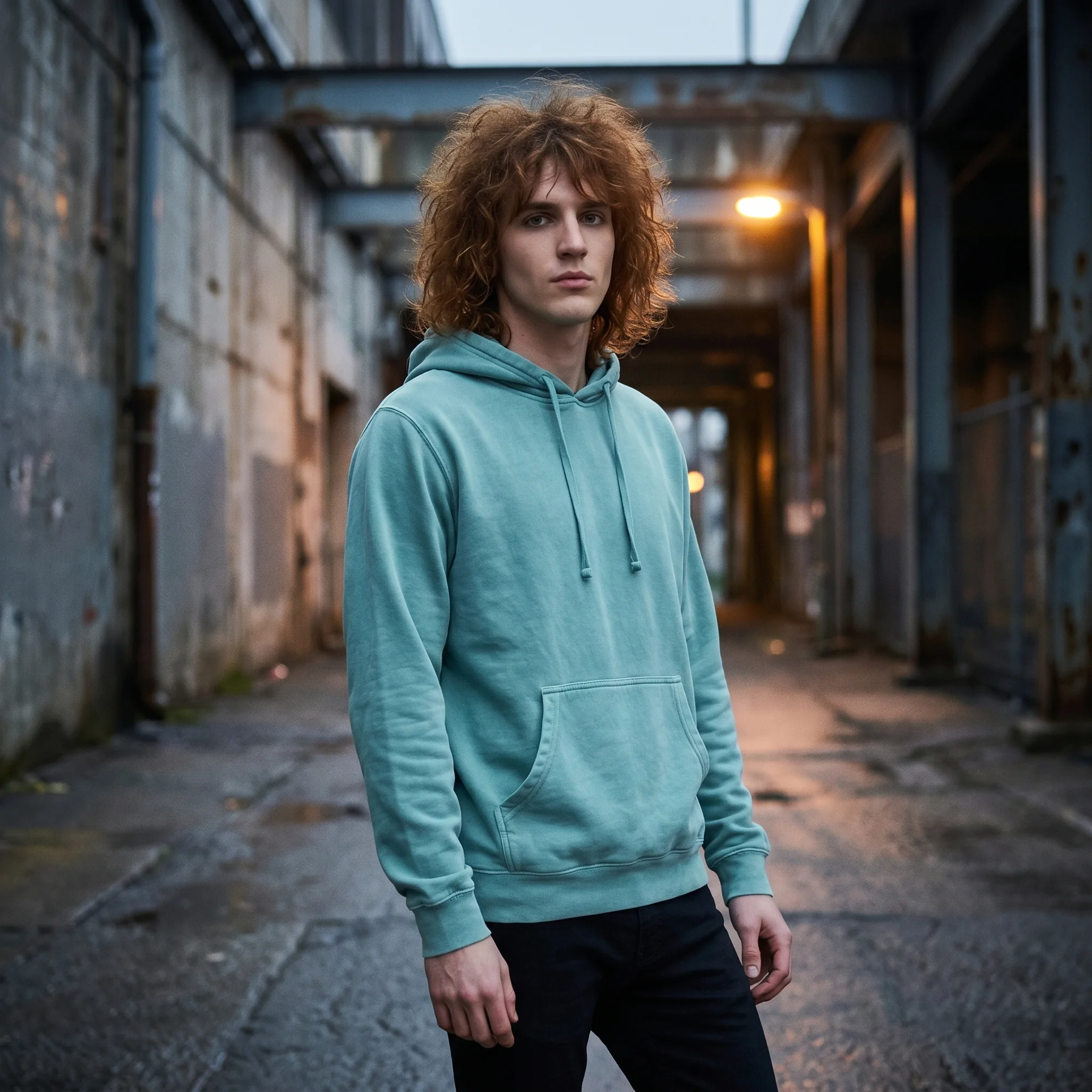 Man wearing a mint pigment dye hoodie, front view, hood down, in a moody industrial setting