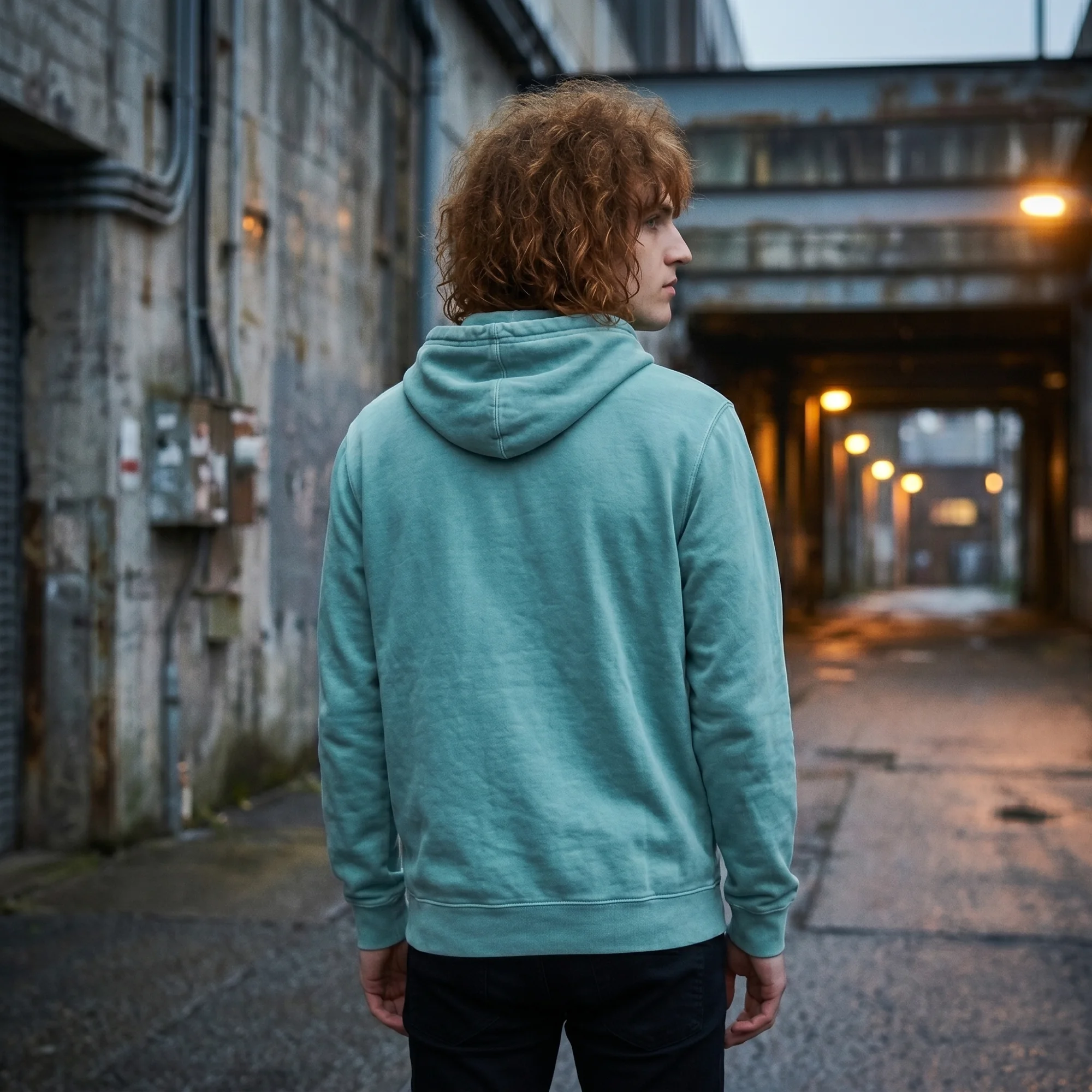 Back view of a man wearing a mint pigment dye hoodie, showing the fit and hood