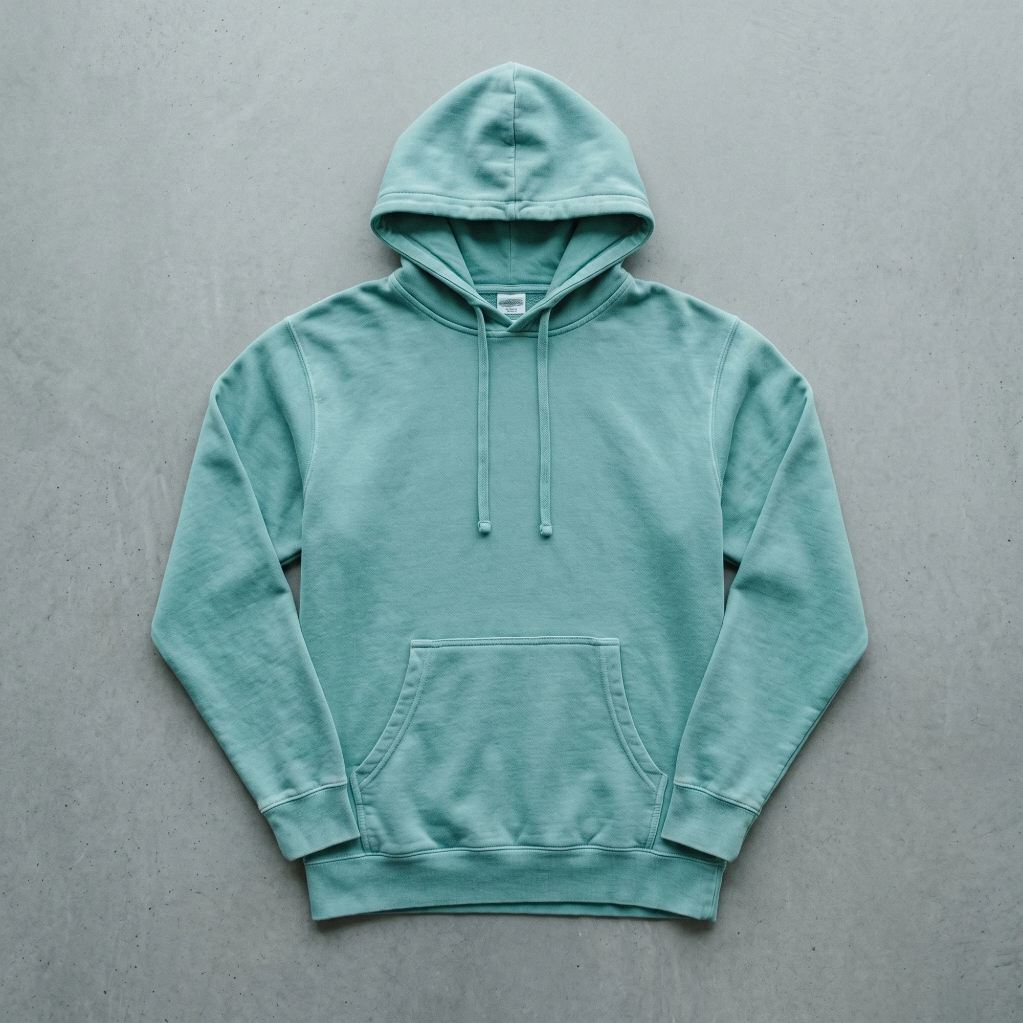 Mint pigment dye hoodie laid flat, showing the front, hood, and kangaroo pocket