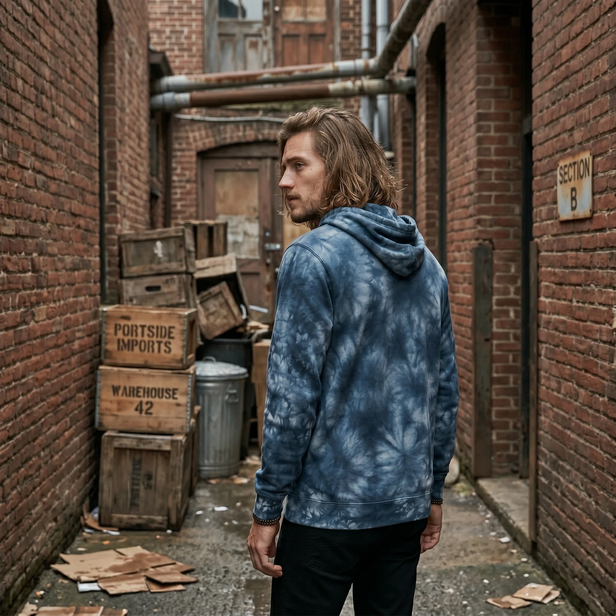 Back view of a man wearing an navy tie-dye hoodie, showing the fit and hood