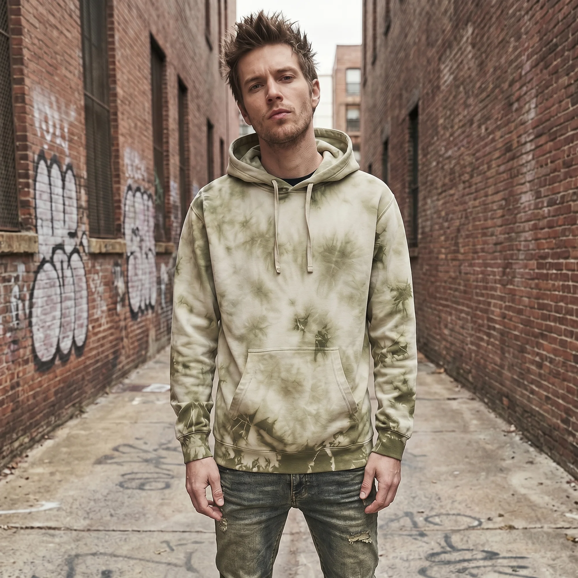 Man wearing an olive tie-dye hoodie, front view, hood down, in a brick alley