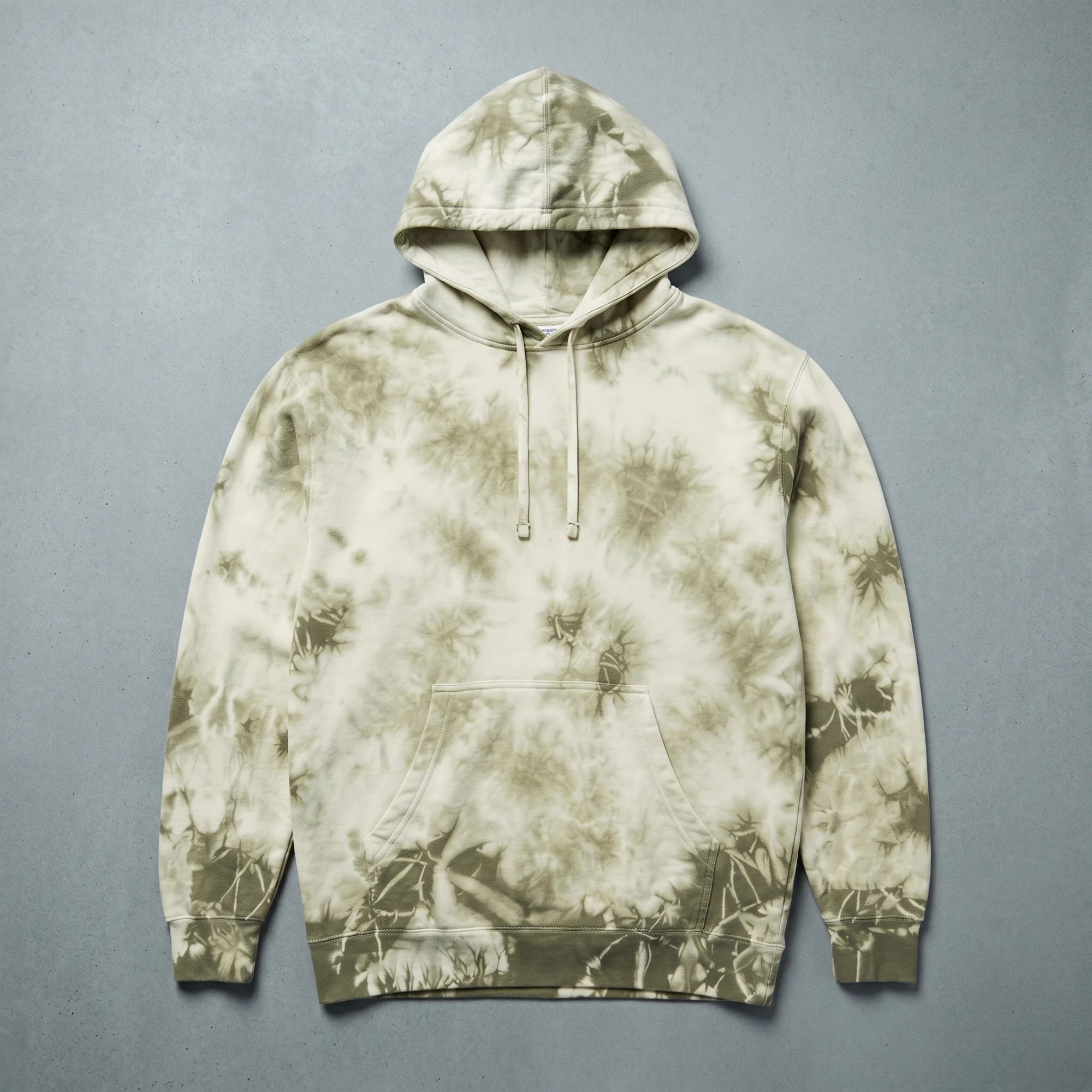 Olive tie-dye hoodie laid flat, showing the front, hood, and kangaroo pocket