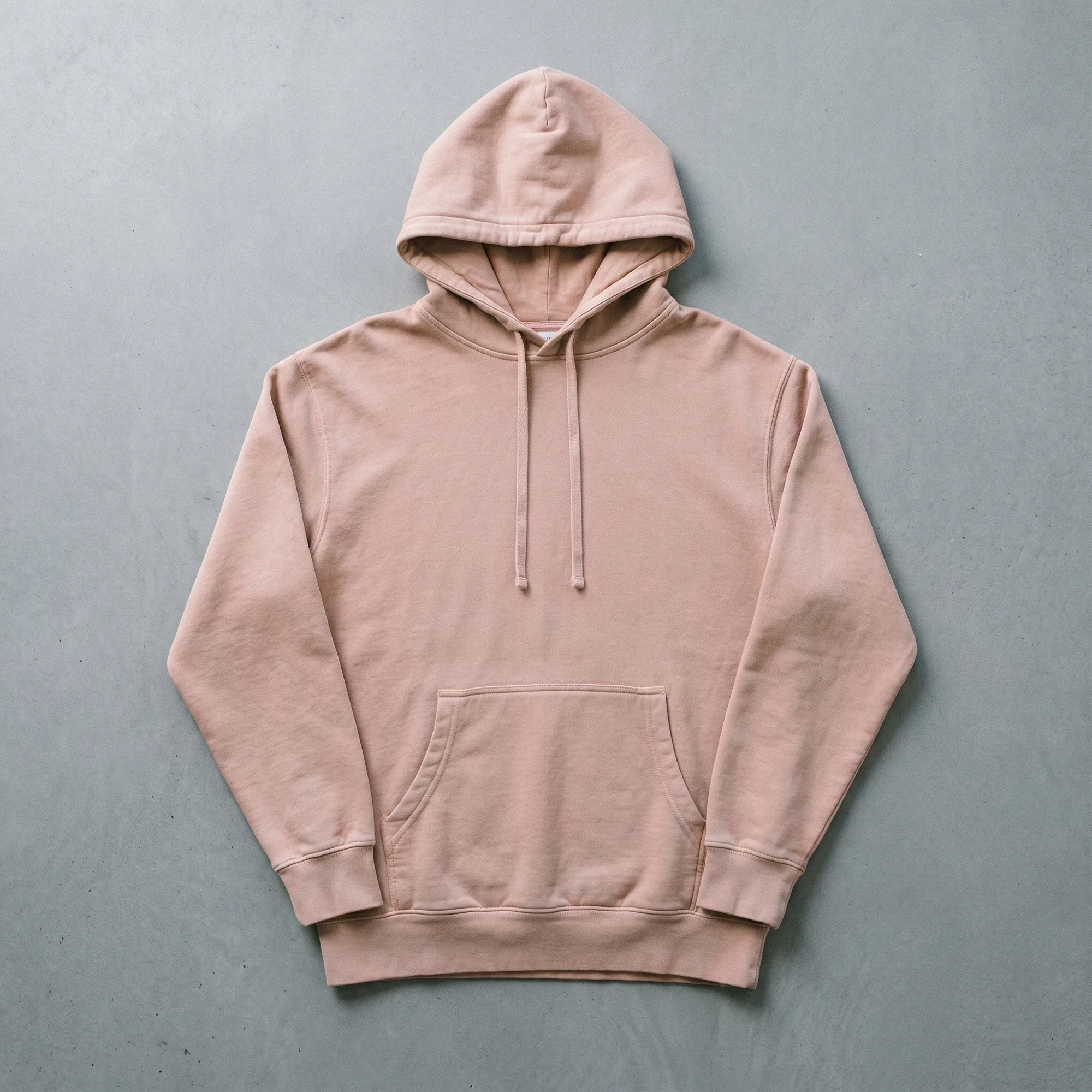 Pink pigment dye hoodie laid flat, showing the front, hood, and kangaroo pocket