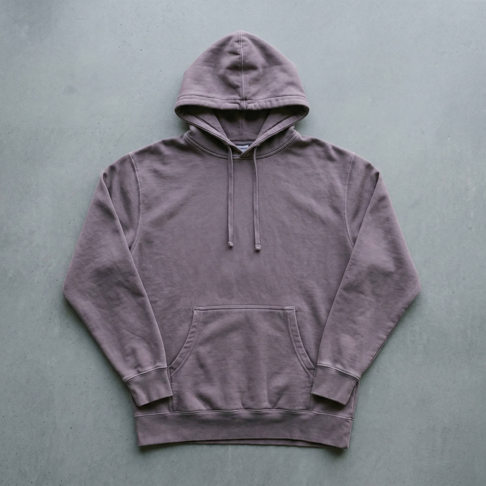 Plum pigment dye hoodie laid flat, showing the front, hood, and kangaroo pocket