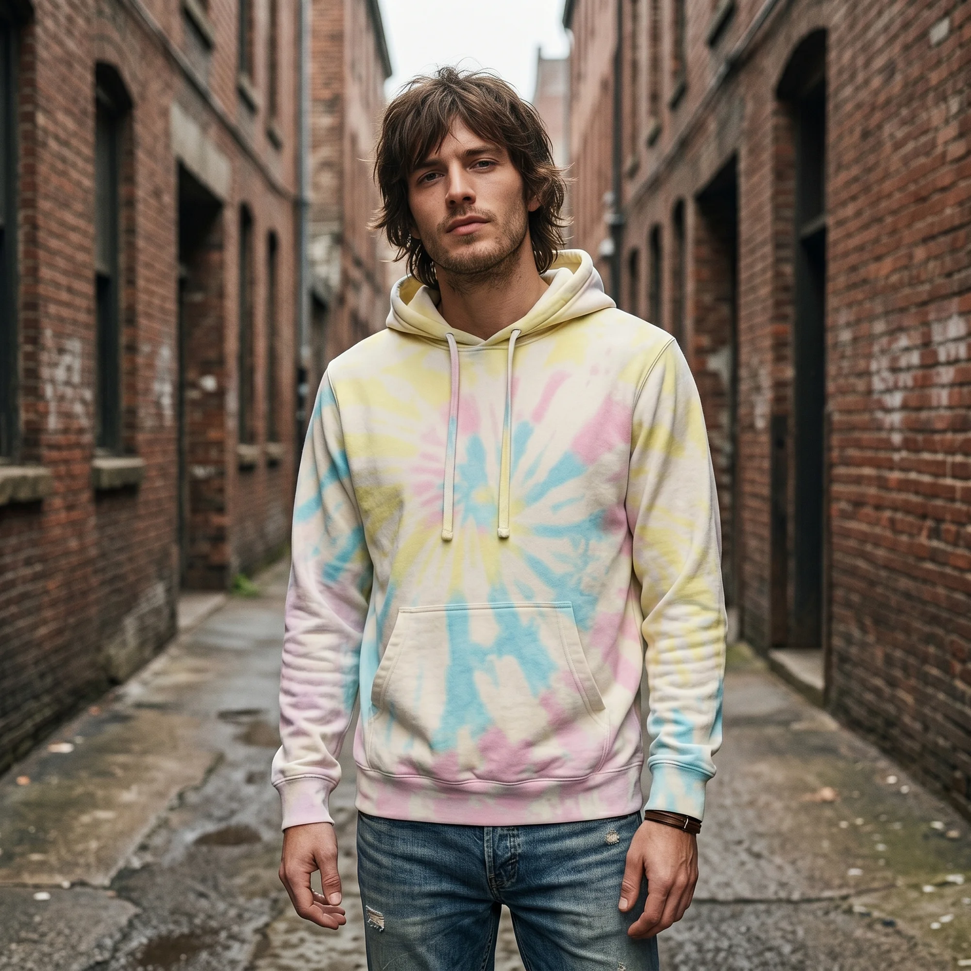 Man wearing an sunset swirl tie-dye hoodie, front view, hood down, in a brick alley