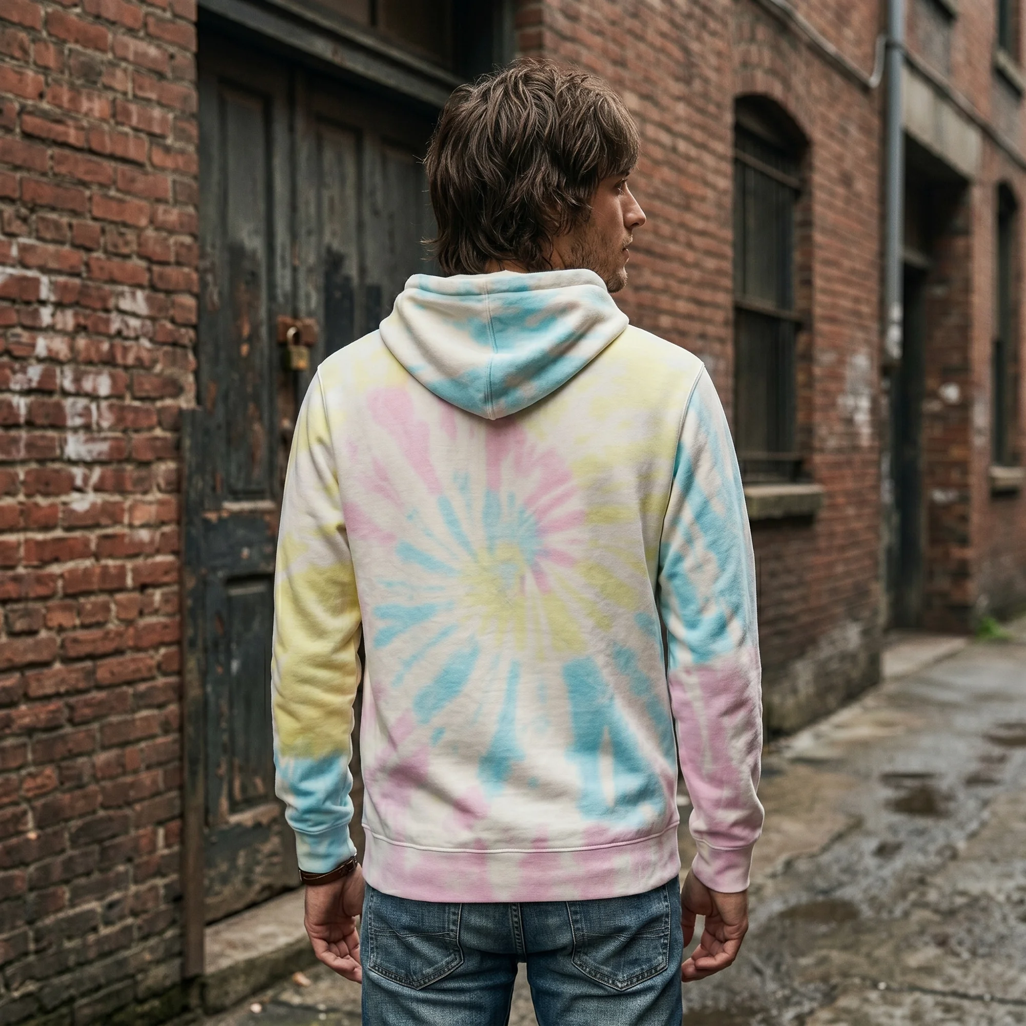 Back view of a man wearing an sunset swirl tie-dye hoodie, showing the fit and hood