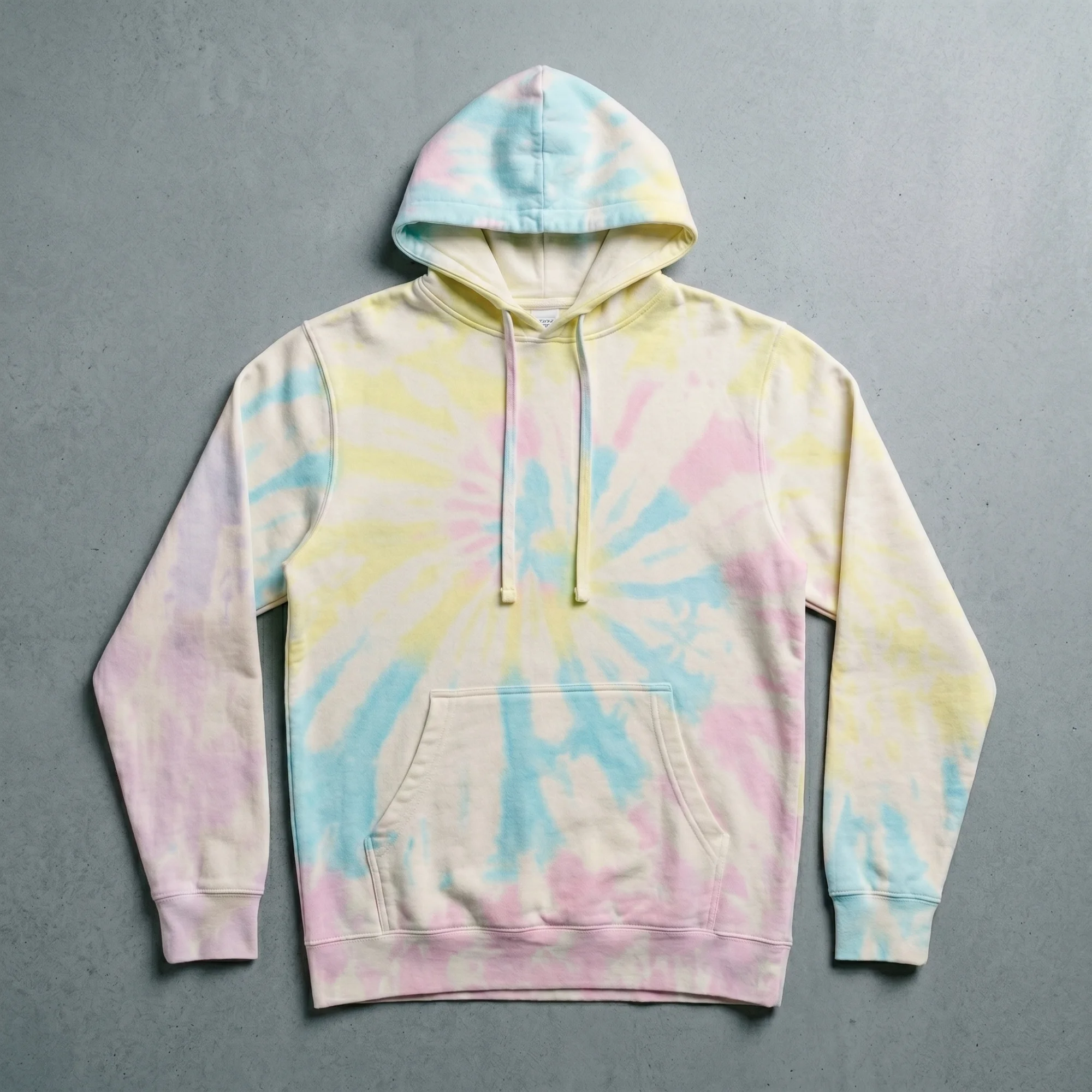 Sunset swirl tie-dye hoodie laid flat, showing the front, hood, and kangaroo pocket