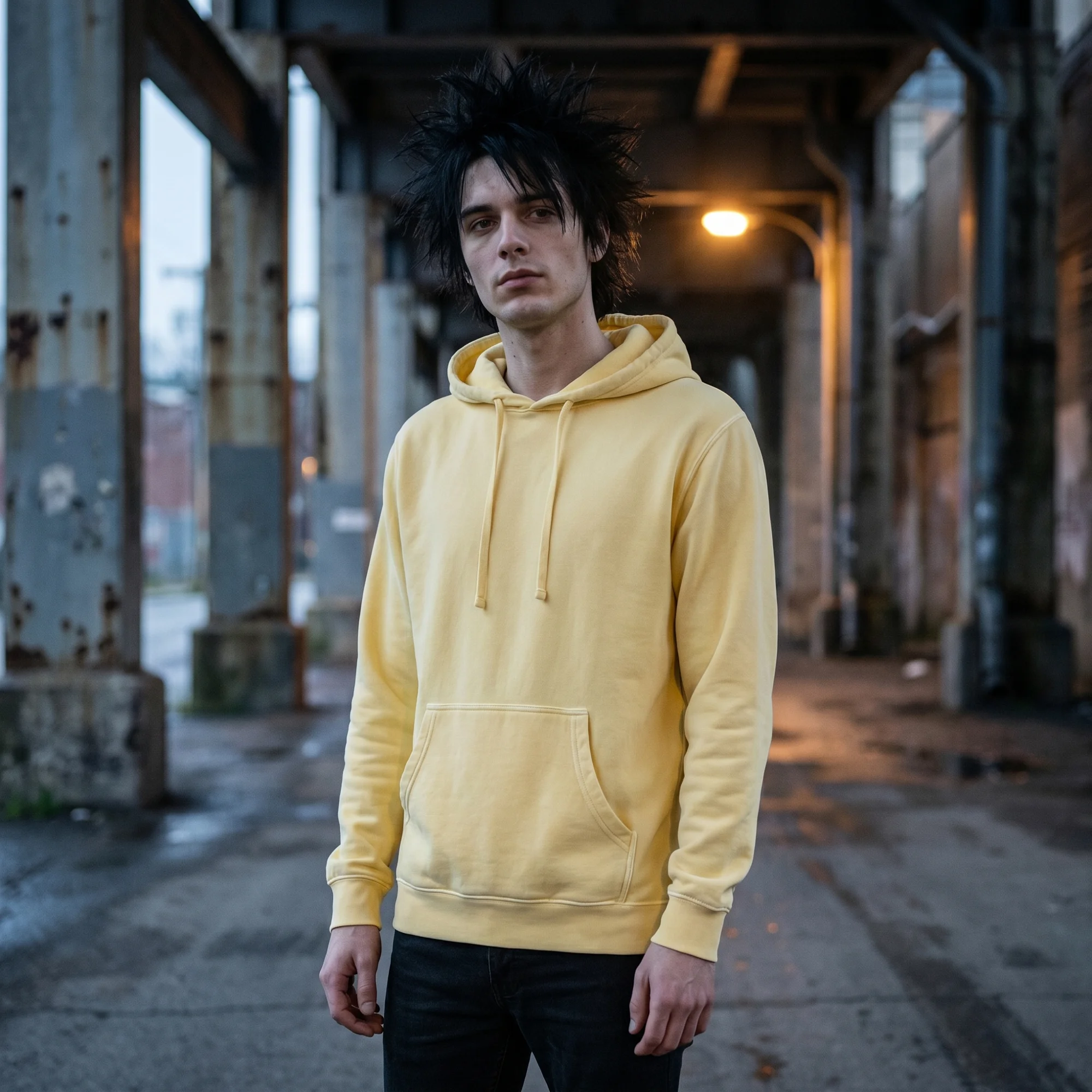 Man wearing a yellow pigment dye hoodie, front view, hood down, in a moody industrial setting