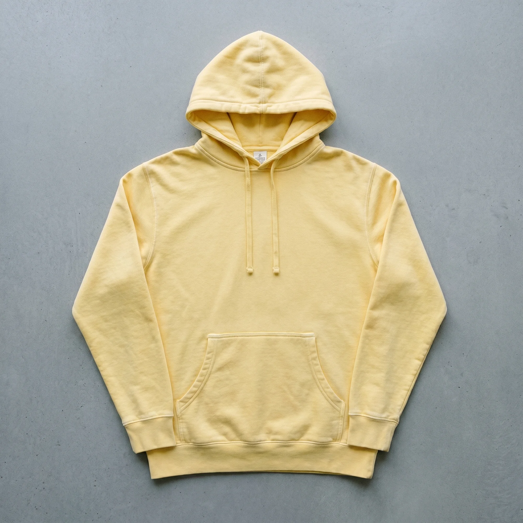 Yellow pigment dye hoodie laid flat, showing the front, hood, and kangaroo pocket