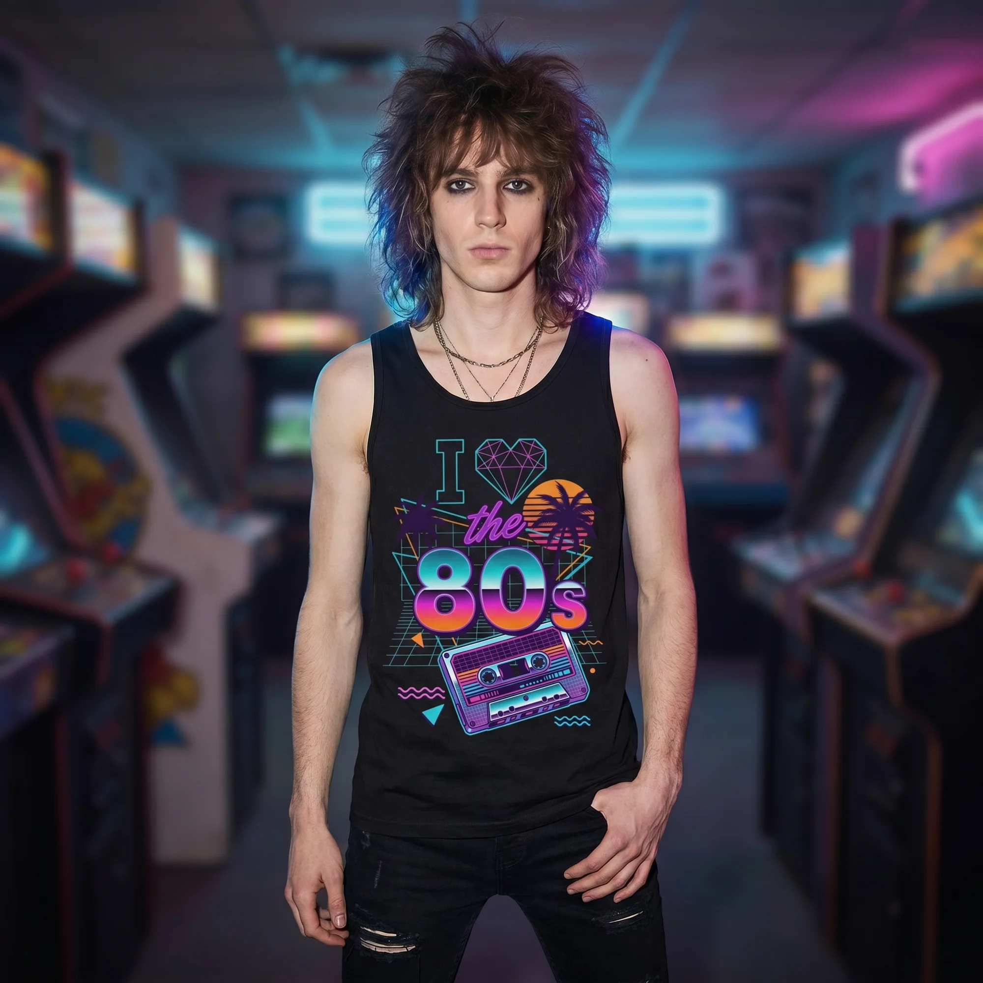 Man with shaggy hair wearing a black I Love the 80s tank top, front view, standing in a neon-lit retro arcade
