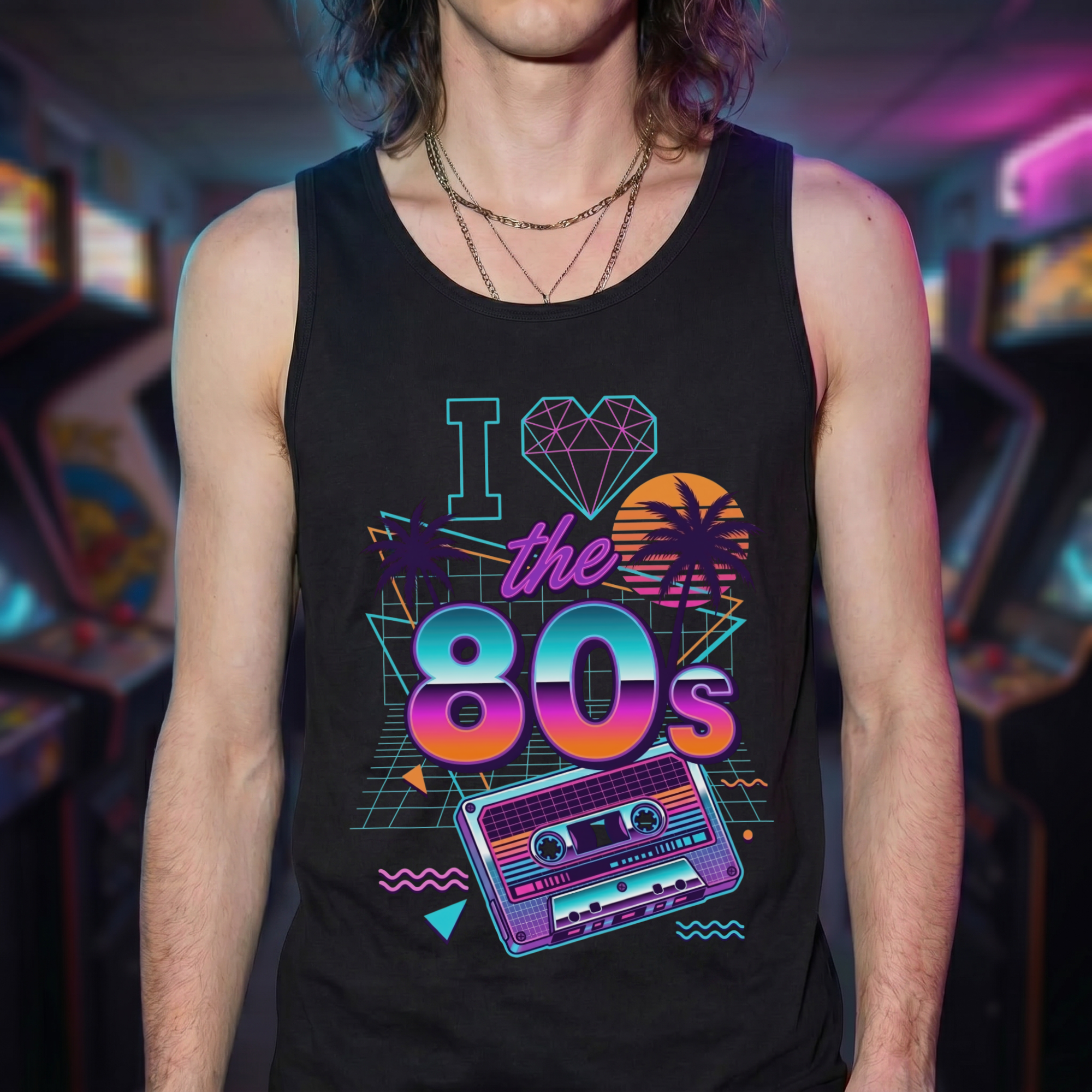 Close-up front view of a man wearing a black tank top with the I Love the 80s synthwave graphic — diamond heart, palm trees, and cassette tape