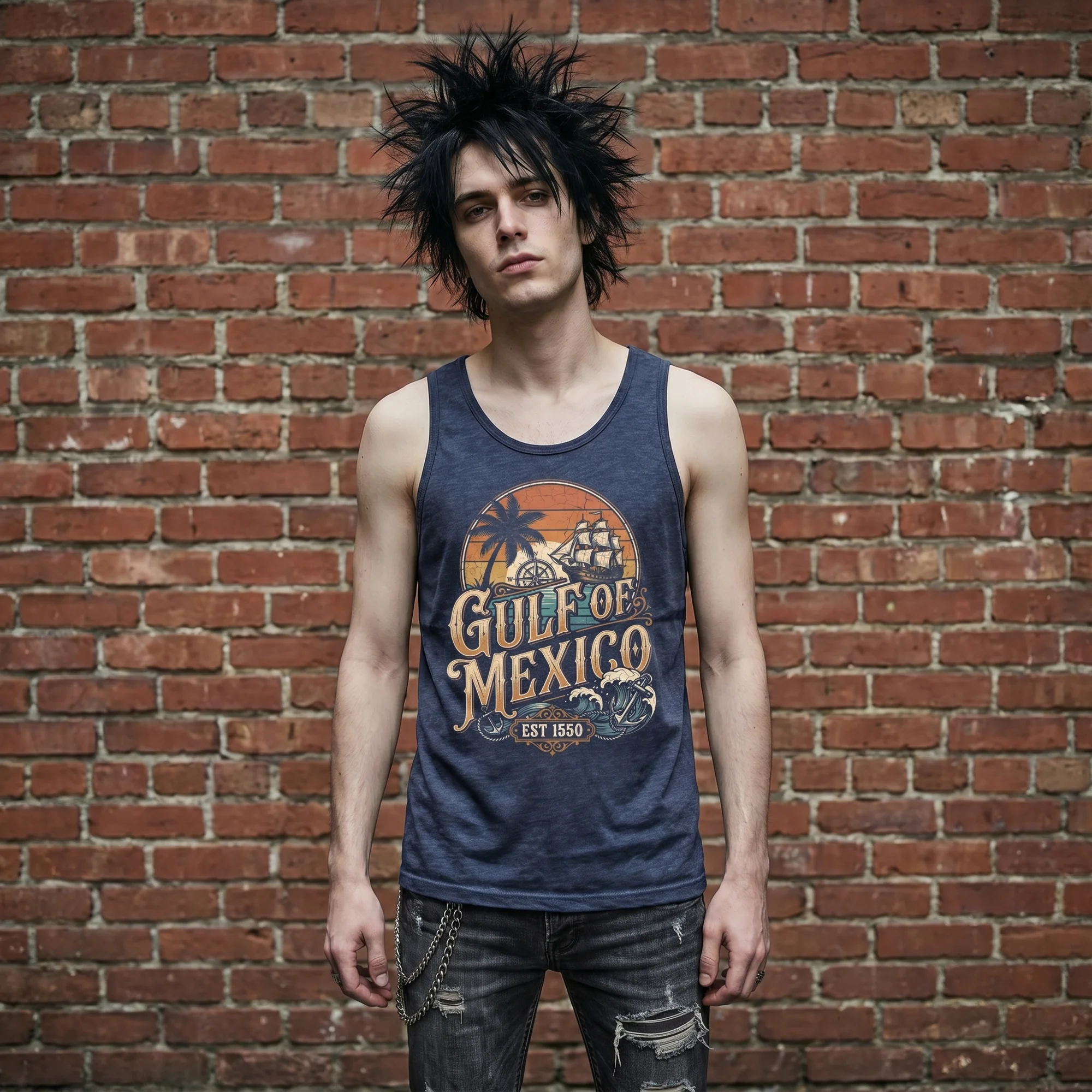 Man with dark hair wearing a heather navy Gulf of Mexico tank top, front view, standing against a red brick wall
