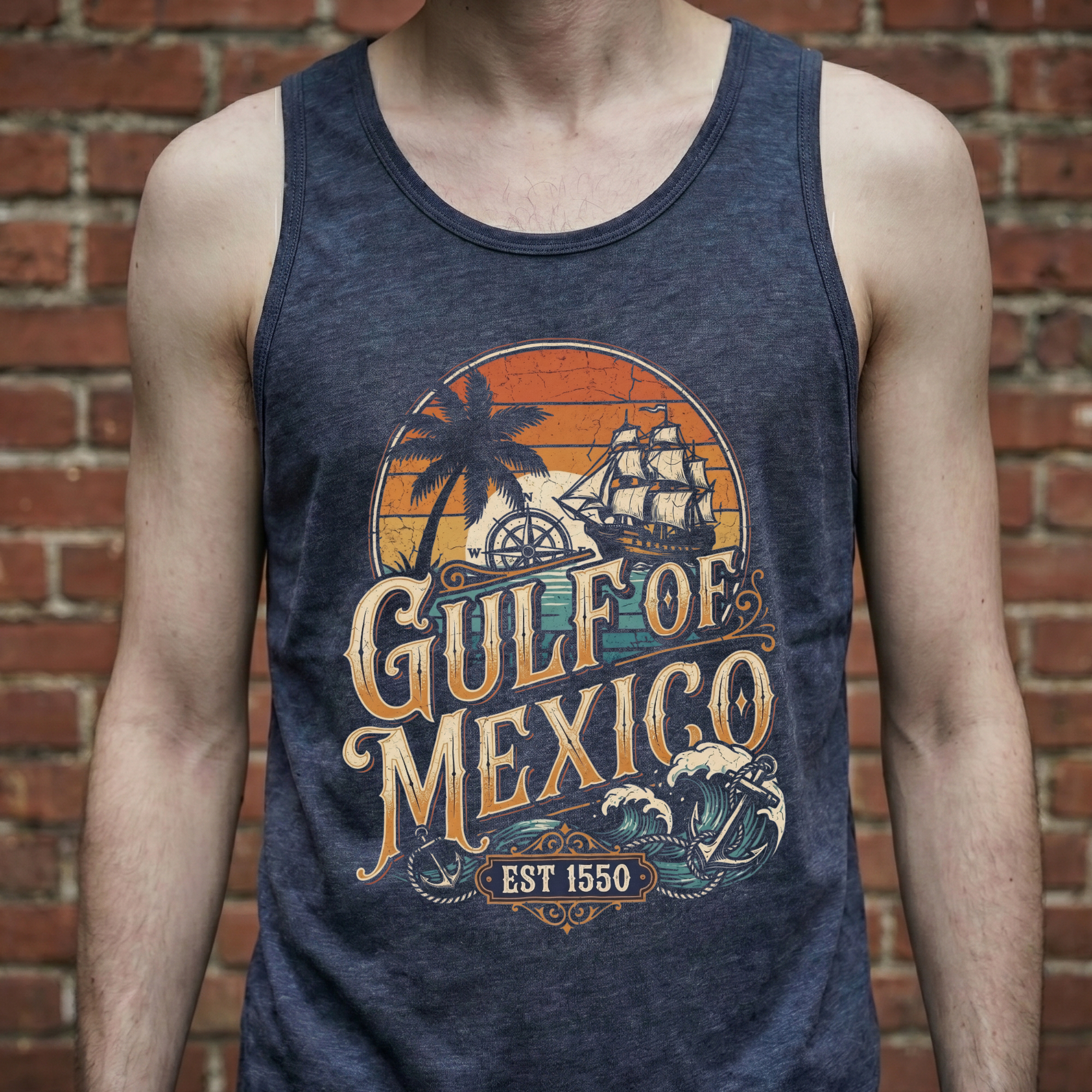 Close-up front view of a man wearing a heather navy tank top with the Gulf of Mexico vintage maritime graphic — tall ship, palm tree, and compass