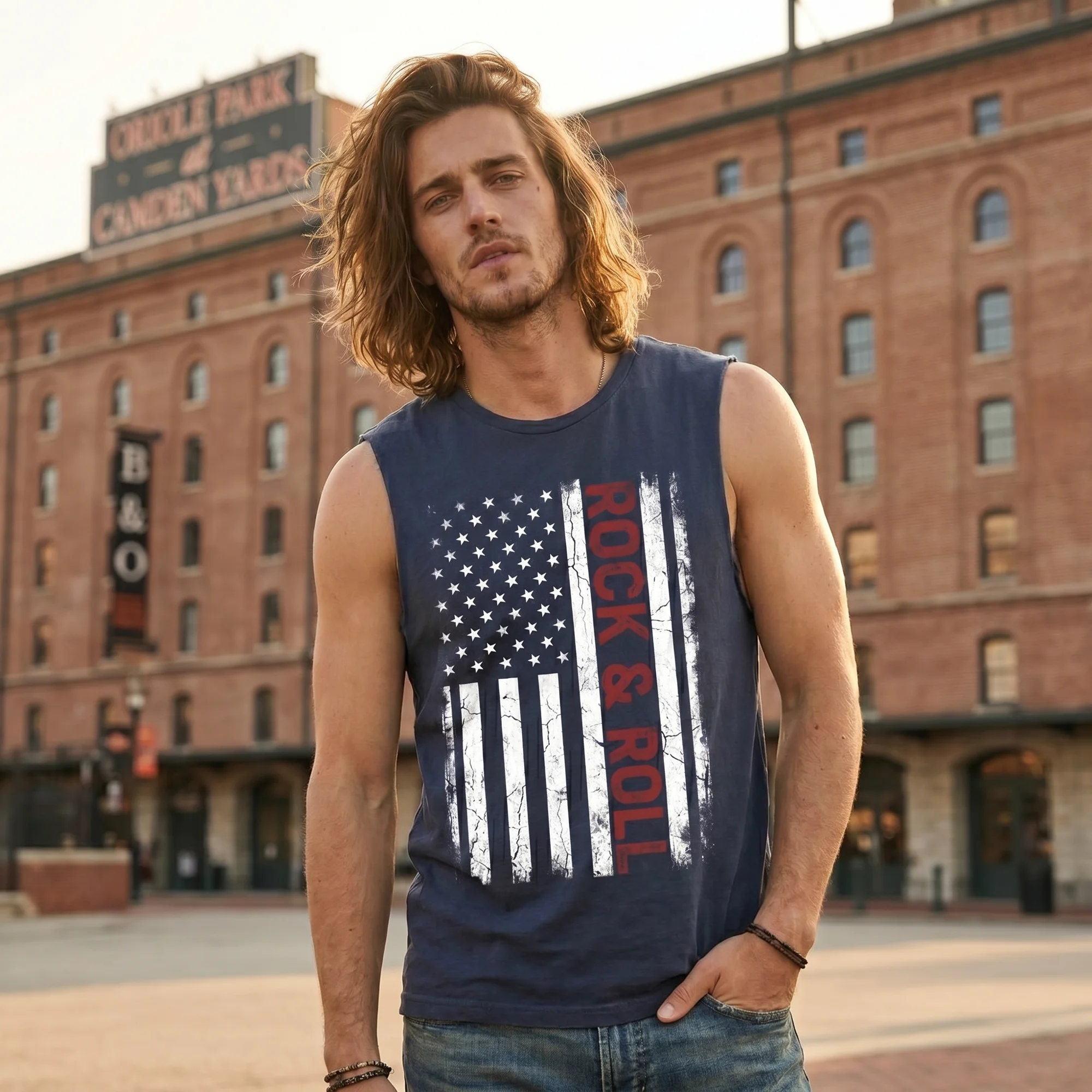 Man with long hair wearing a blue stone wash American Rock & Roll tank top, front view, standing outside Camden Yards in Baltimore
