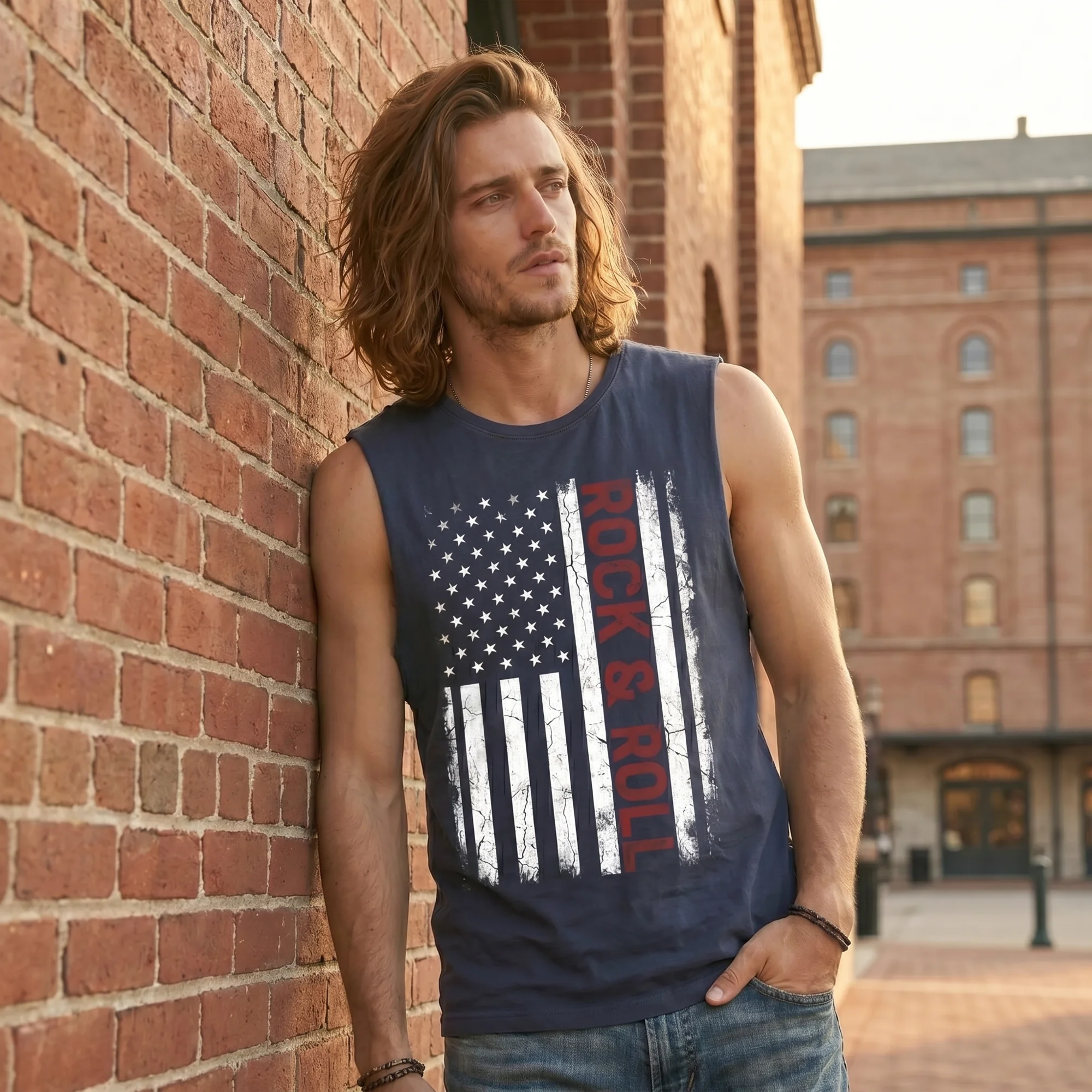 American Rock & Roll Blue Stone Wash Tank Top