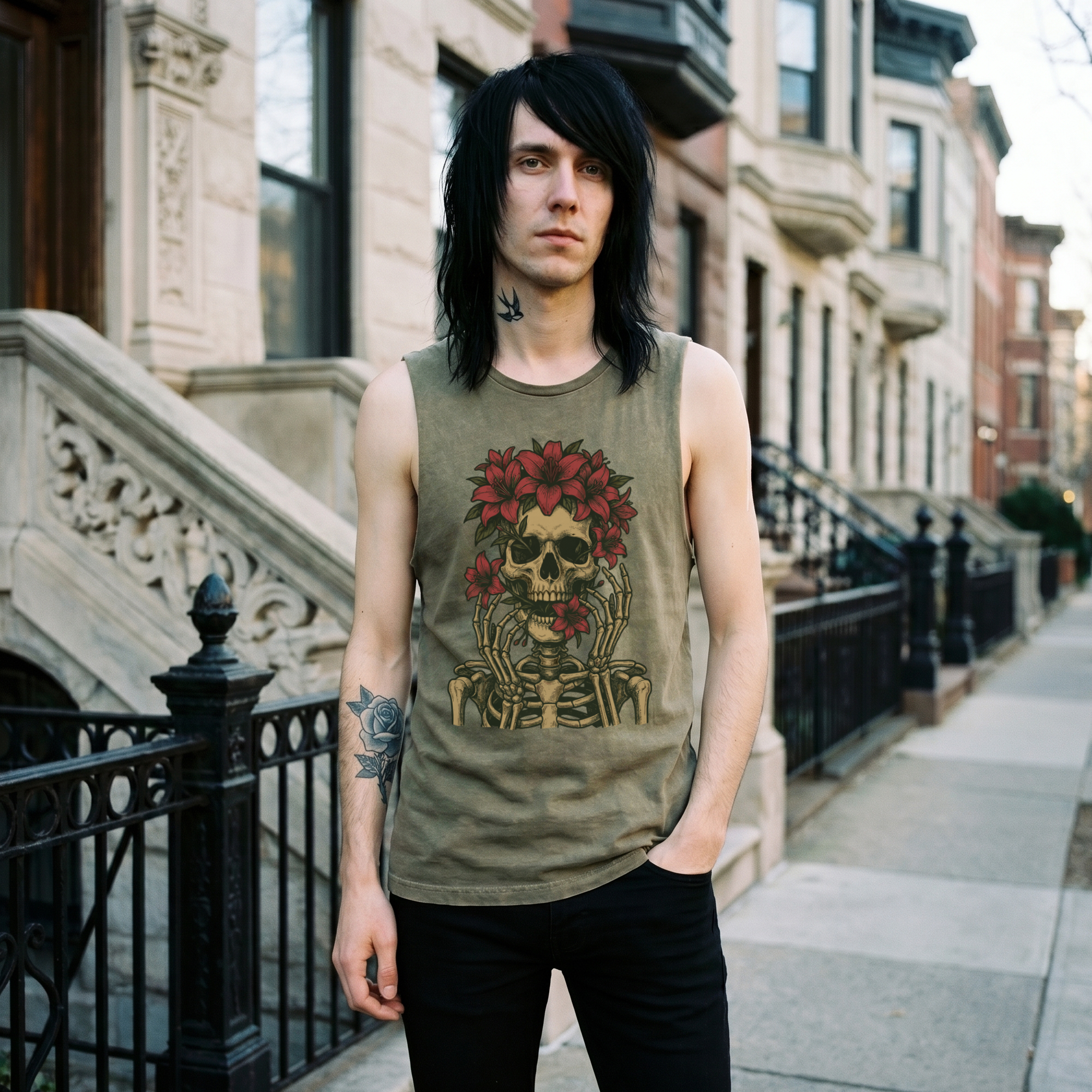 Floral Skull Moss Green Stone Wash Tank Top