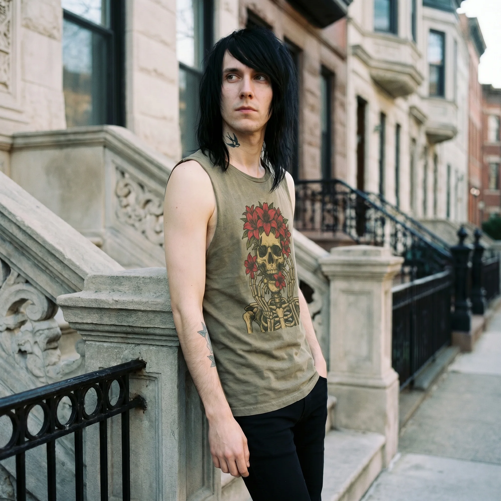 Floral Skull Moss Green Stone Wash Tank Top