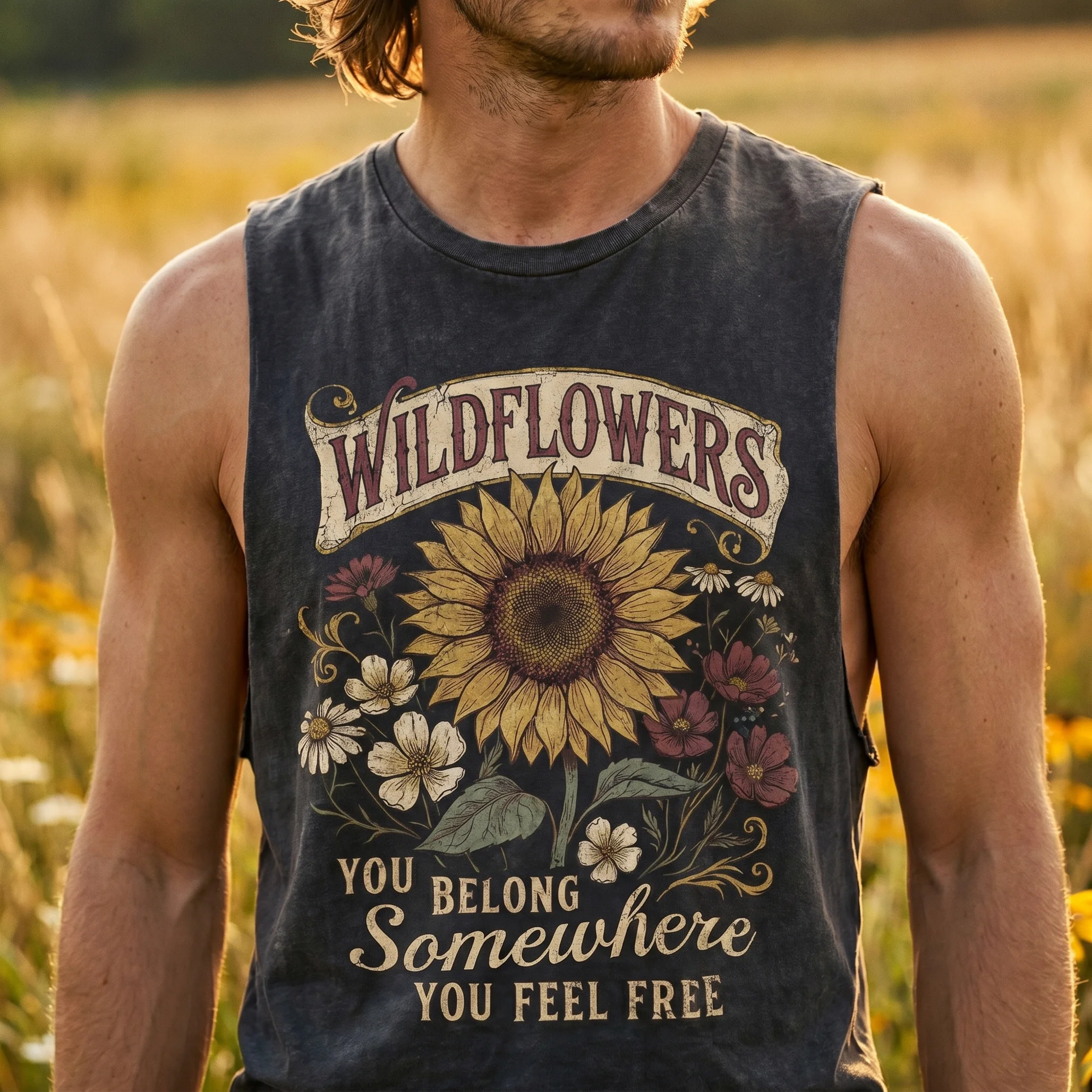Close-up front view of a man wearing a black tank top with the vintage Wildflowers sunflower graphic and distressed Americana lettering