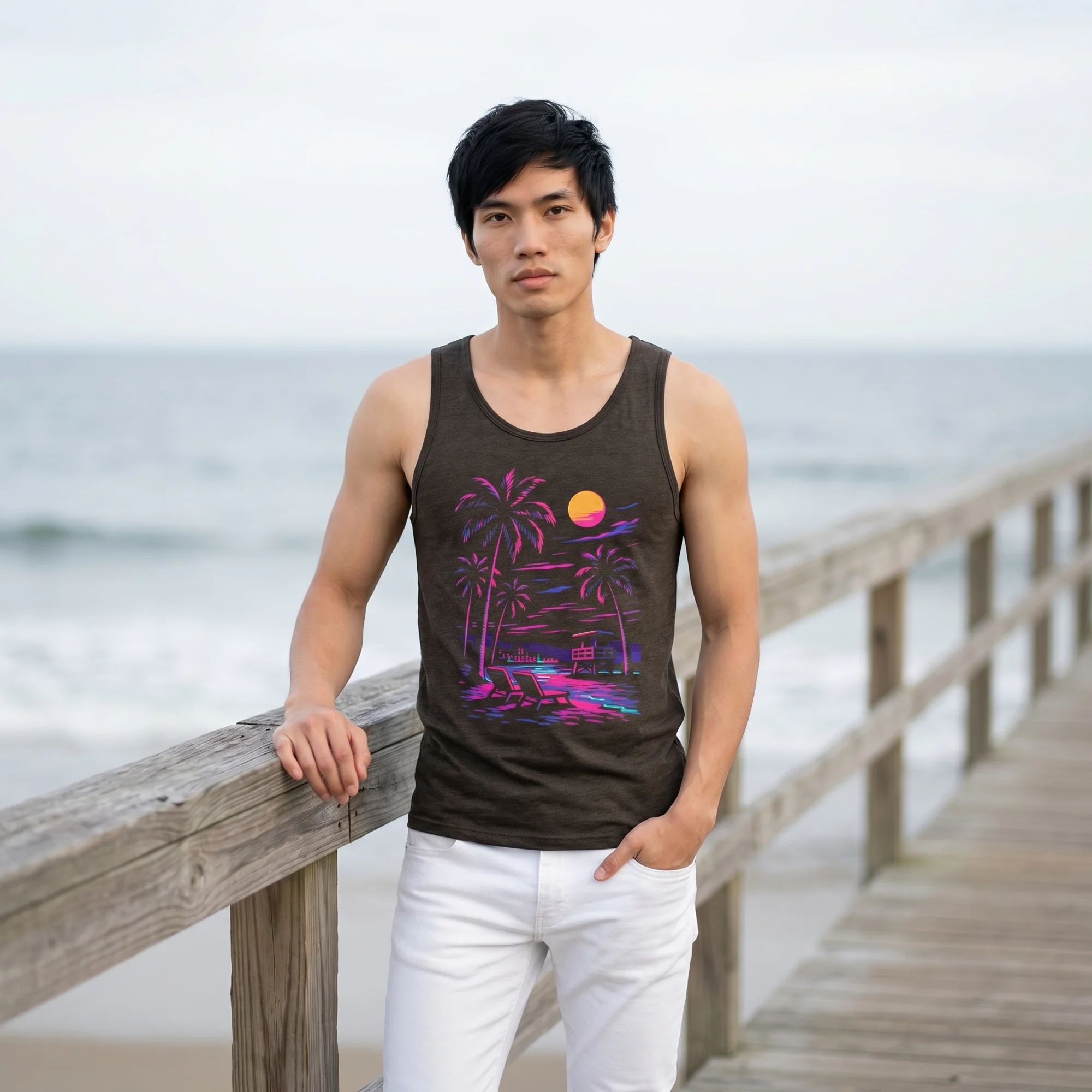 Man with dark hair wearing a charcoal black triblend Retro Neon Beach tank top, front view, standing on a wooden beach pier with the ocean behind him