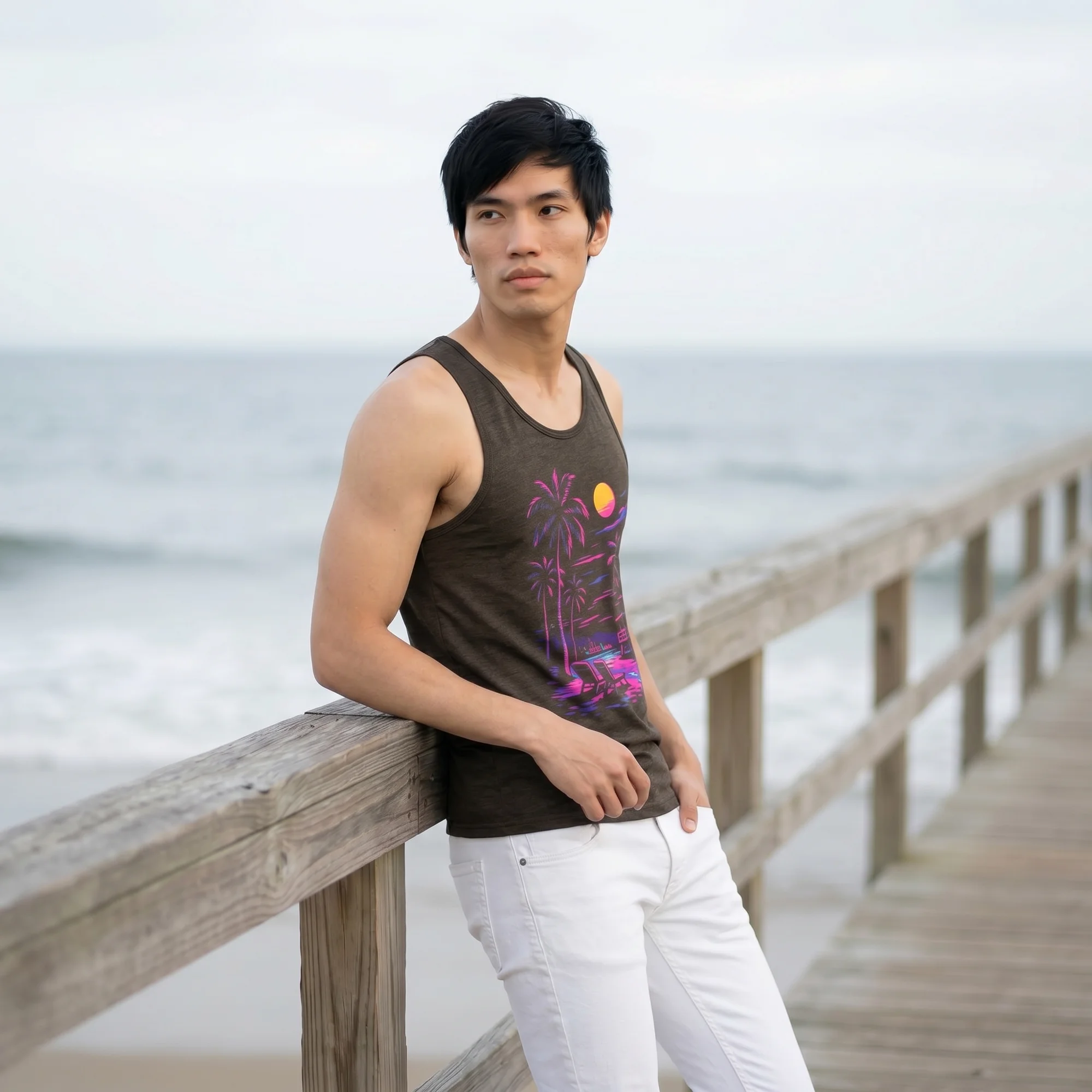 Retro Neon Beach Charcoal Black Triblend Tank Top
