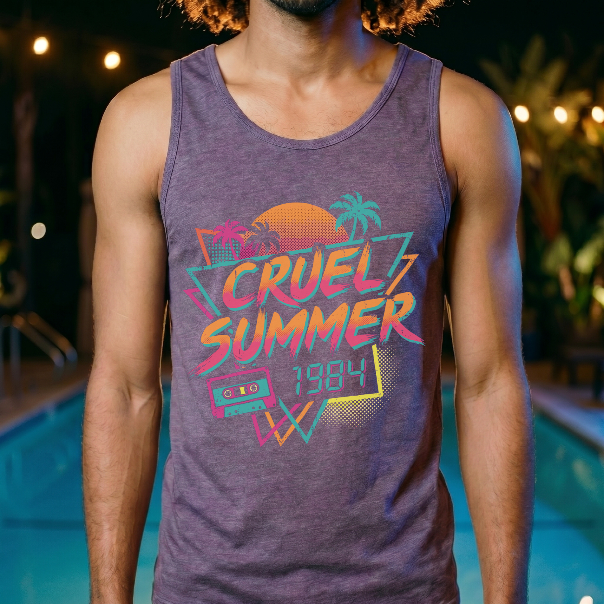 Close-up front view of a man wearing a heather purple tank top with the Cruel Summer 1984 synthwave graphic — sunset, palm trees, and cassette tape