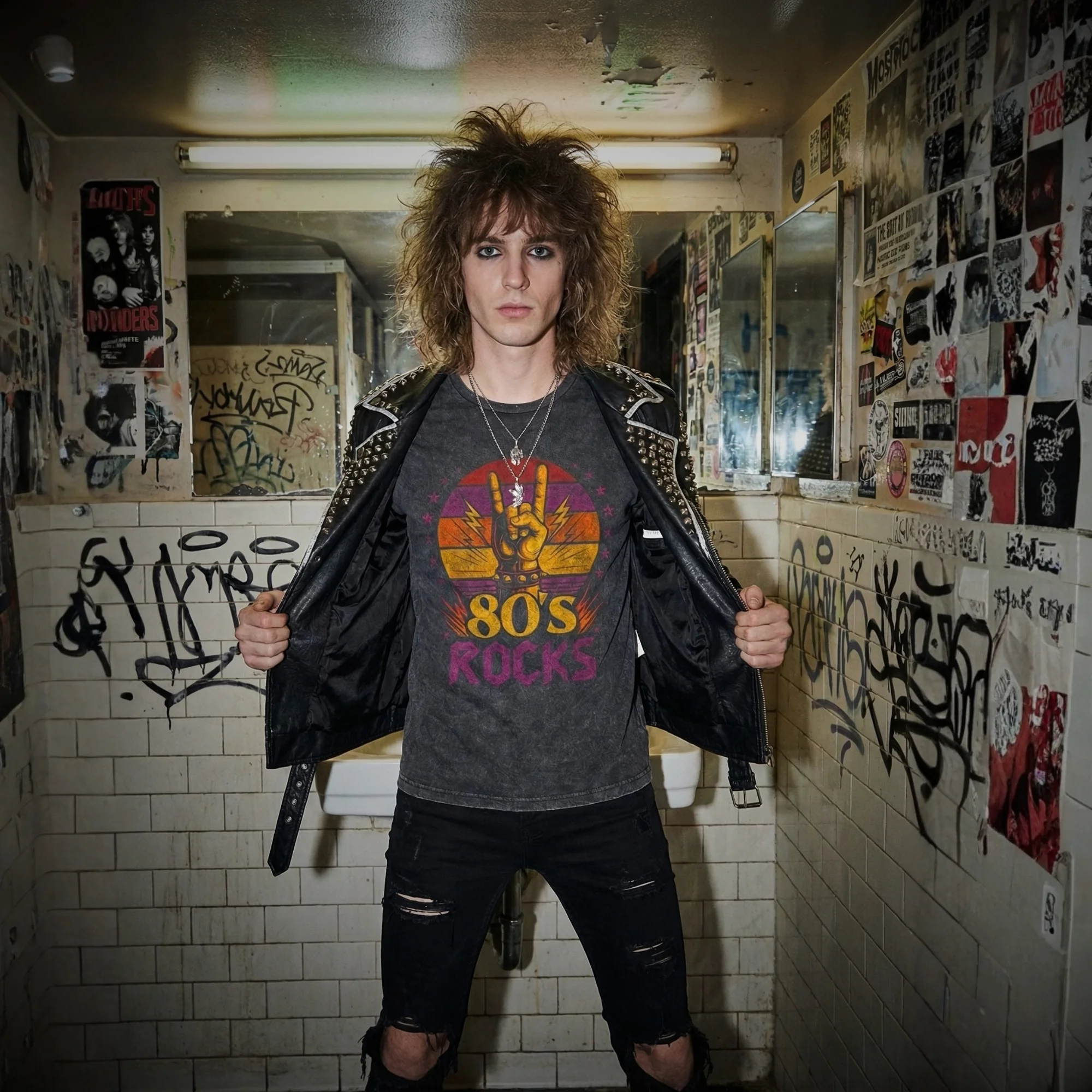Man wearing a black vintage wash t-shirt with the 80s Rocks horns-up sunset graphic, holding open a studded leather jacket, in a graffiti-covered venue bathroom