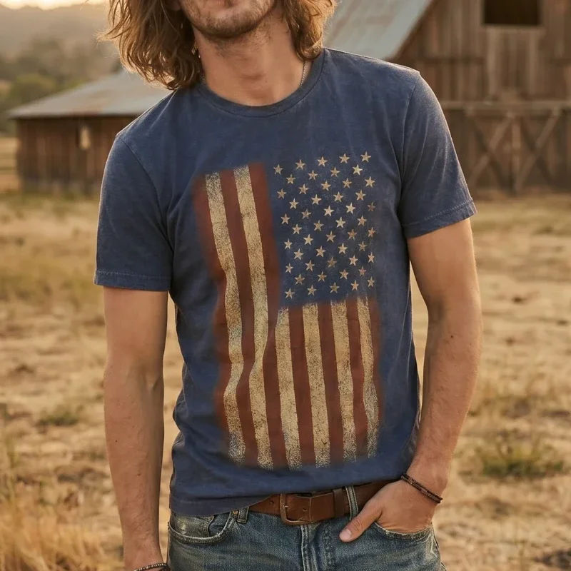 Distressed American Flag Denim Blue Vintage Wash T-Shirt