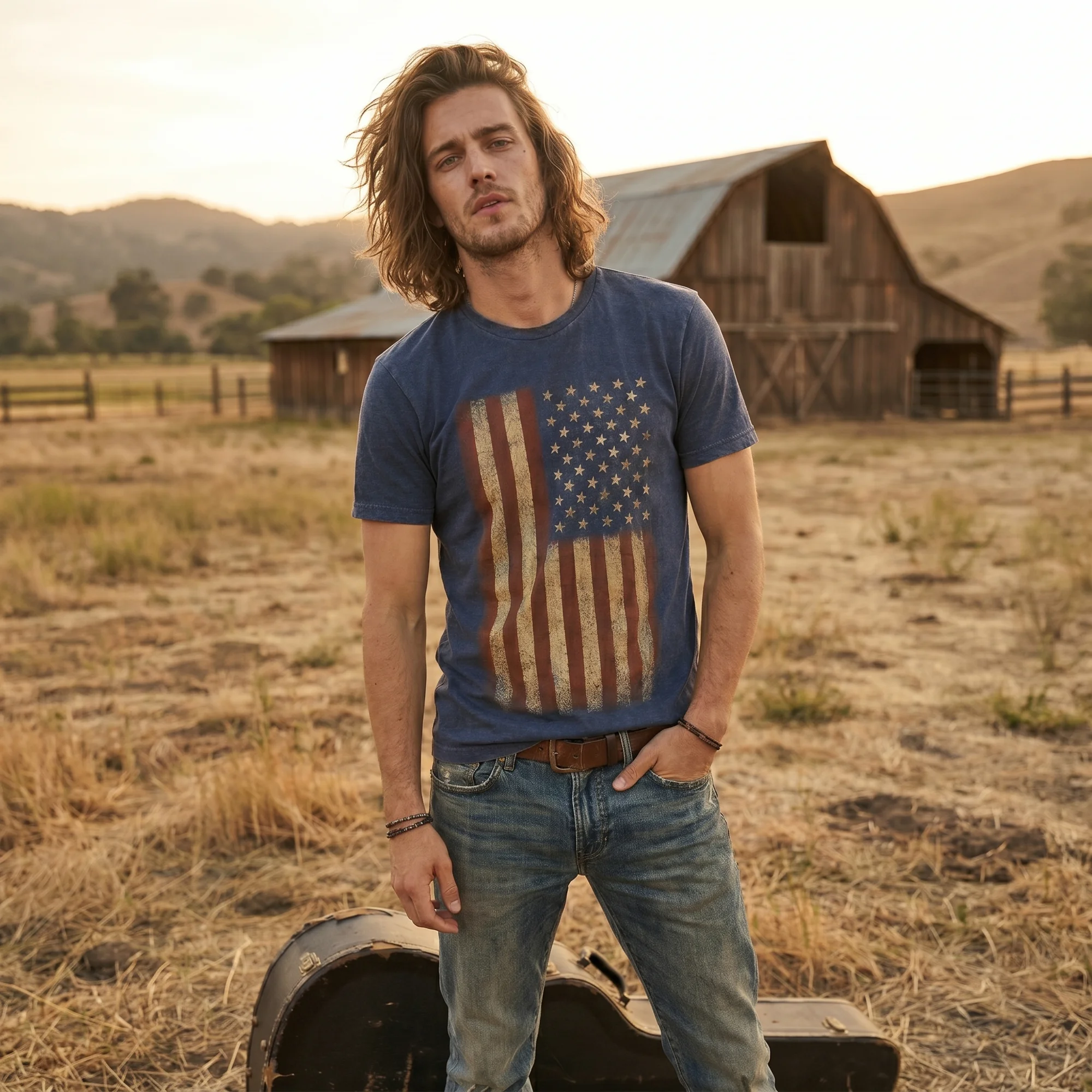 Man wearing a faded denim blue vintage wash t-shirt with a distressed American flag graphic, standing in a rural field at sunset with a barn in the background
