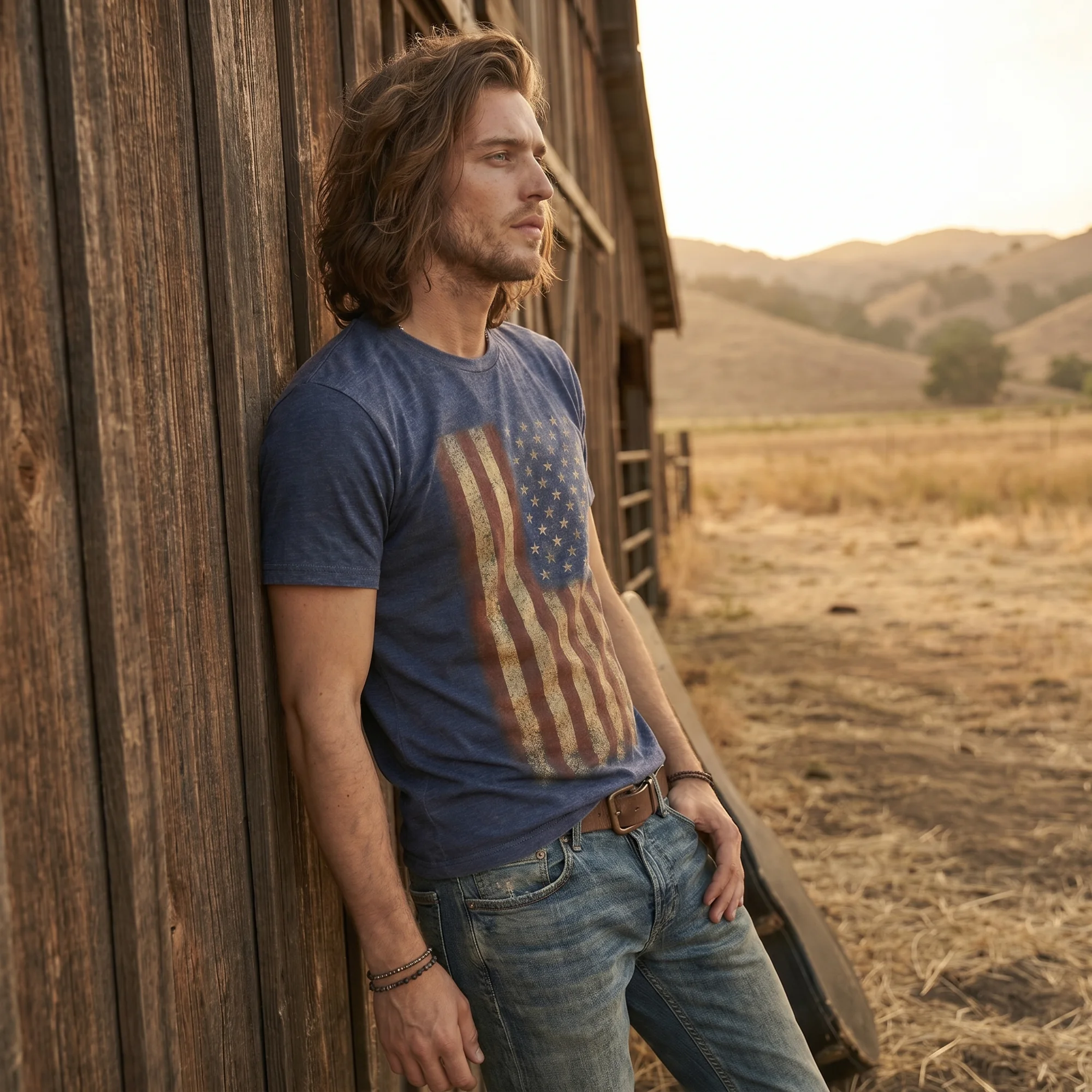 Distressed American Flag Denim Blue Vintage Wash T-Shirt