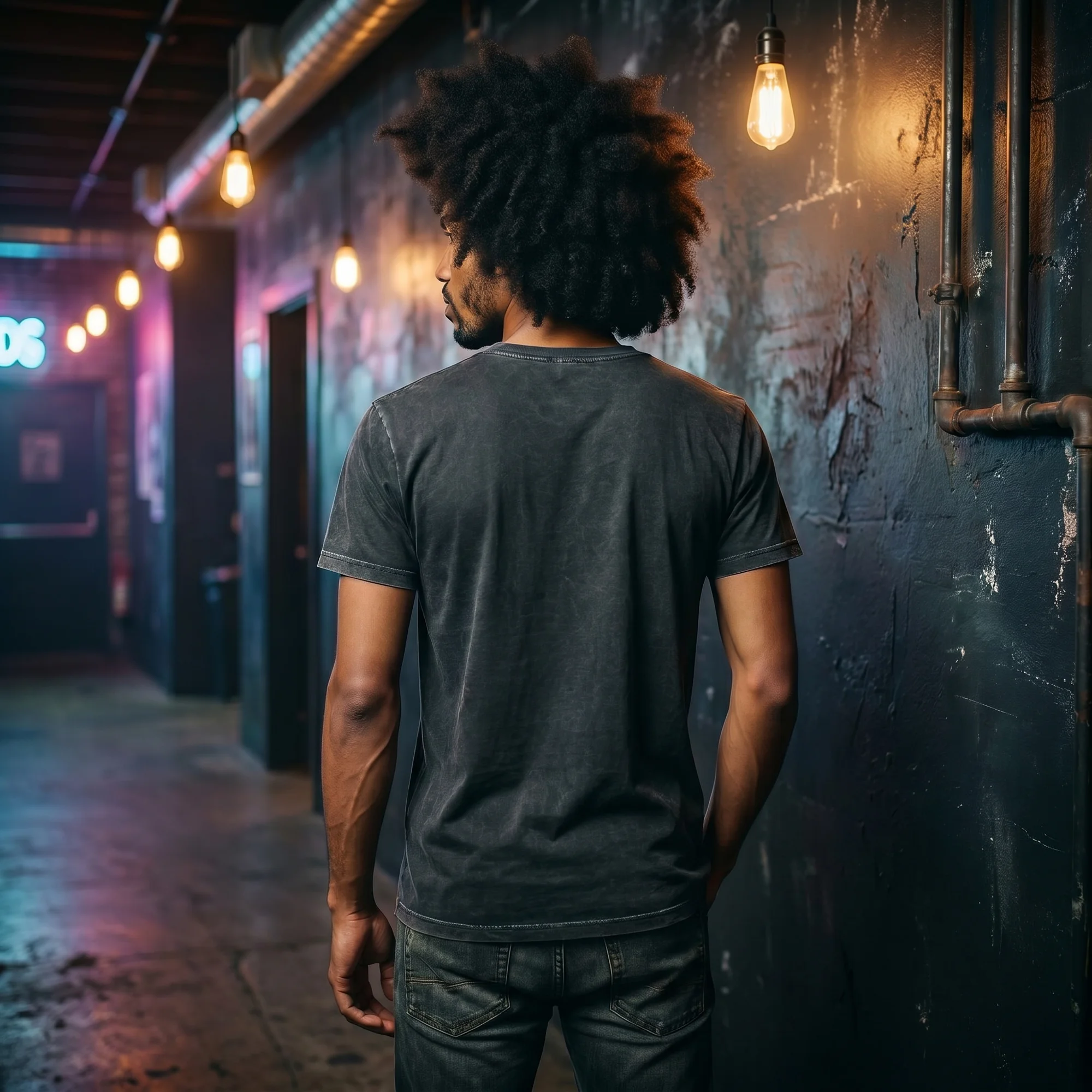 Back view of a man wearing a black vintage wash t-shirt in a neon-lit venue hallway with Edison bulbs