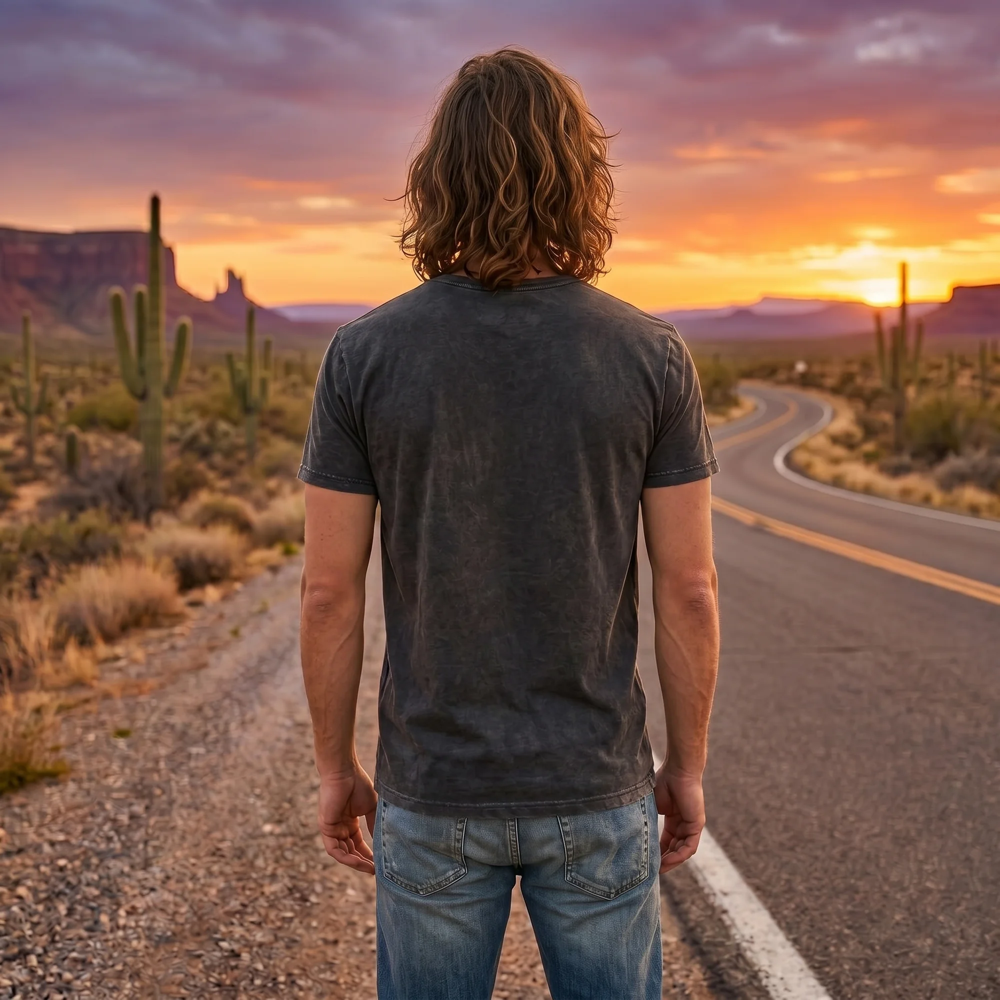 Back view of a man wearing a black vintage wash t-shirt on a desert highway at sunset, with cacti and a winding road