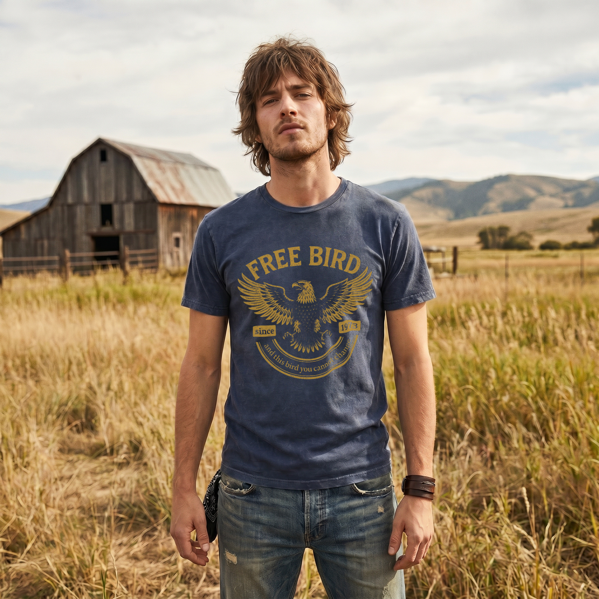 Man wearing a faded denim blue vintage wash t-shirt with a gold soaring eagle graphic, front view, standing in a tall grass field with a weathered barn and mountains in the background