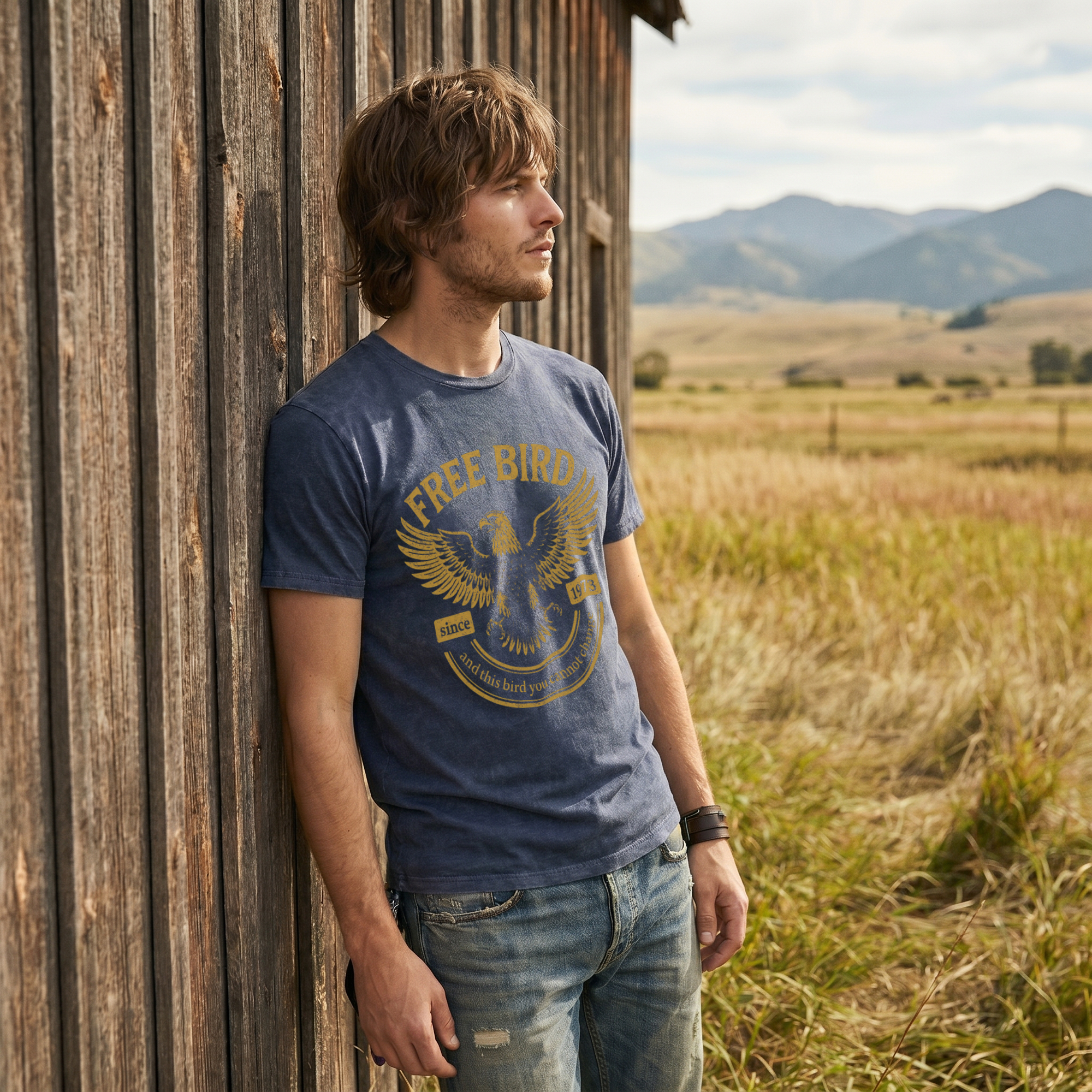 Free Bird Eagle Denim Blue Vintage Wash T-Shirt