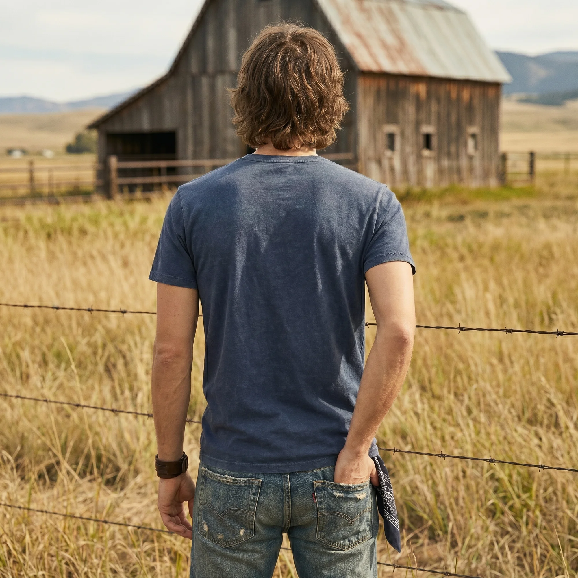 Back view of a man wearing a faded denim blue vintage wash t-shirt, standing by a barbed-wire fence overlooking a barn and grass field